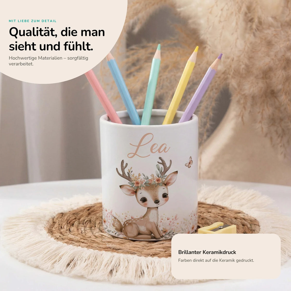 Personalisierter Stiftehalter Reh Blumenkranz â Keramik mit Wunschname