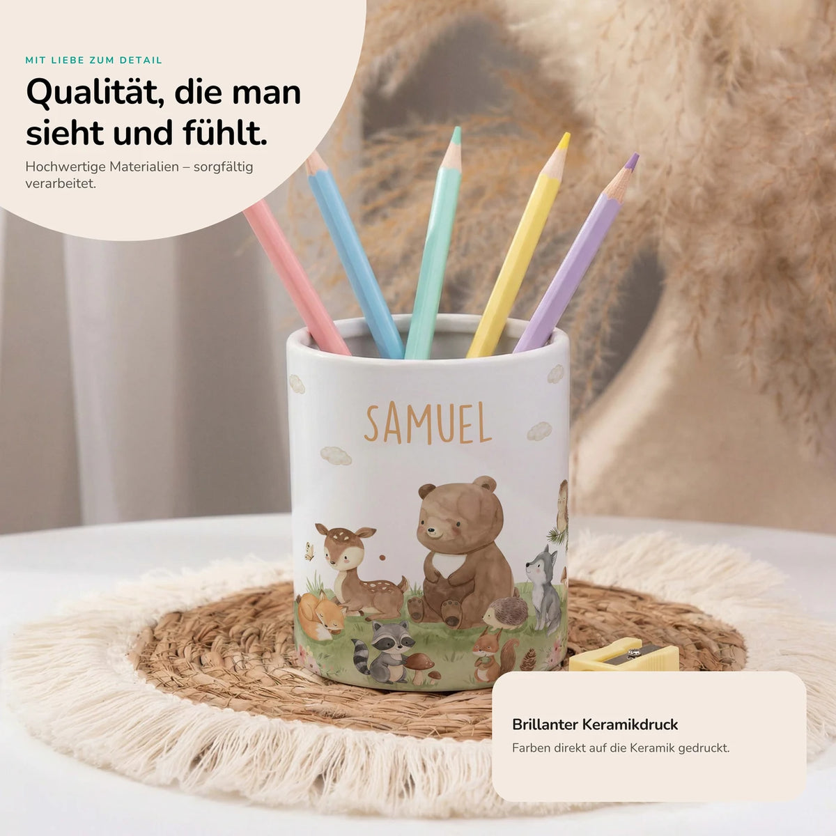 Personalisierter Stiftehalter Waldfreunde VI â Keramik mit Wunschname