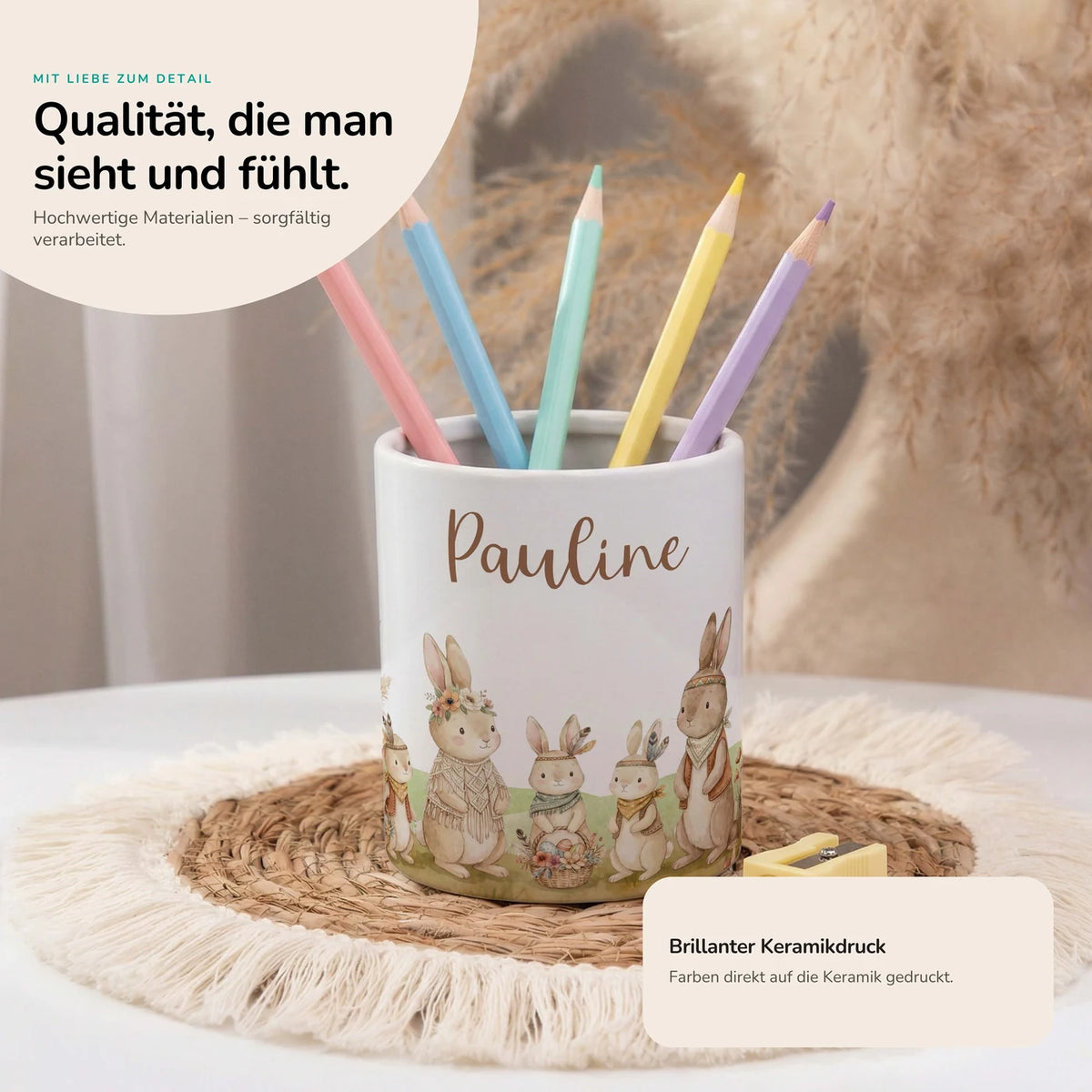 Personalisierter Stiftehalter Boho-Hasen â Keramik mit Wunschname