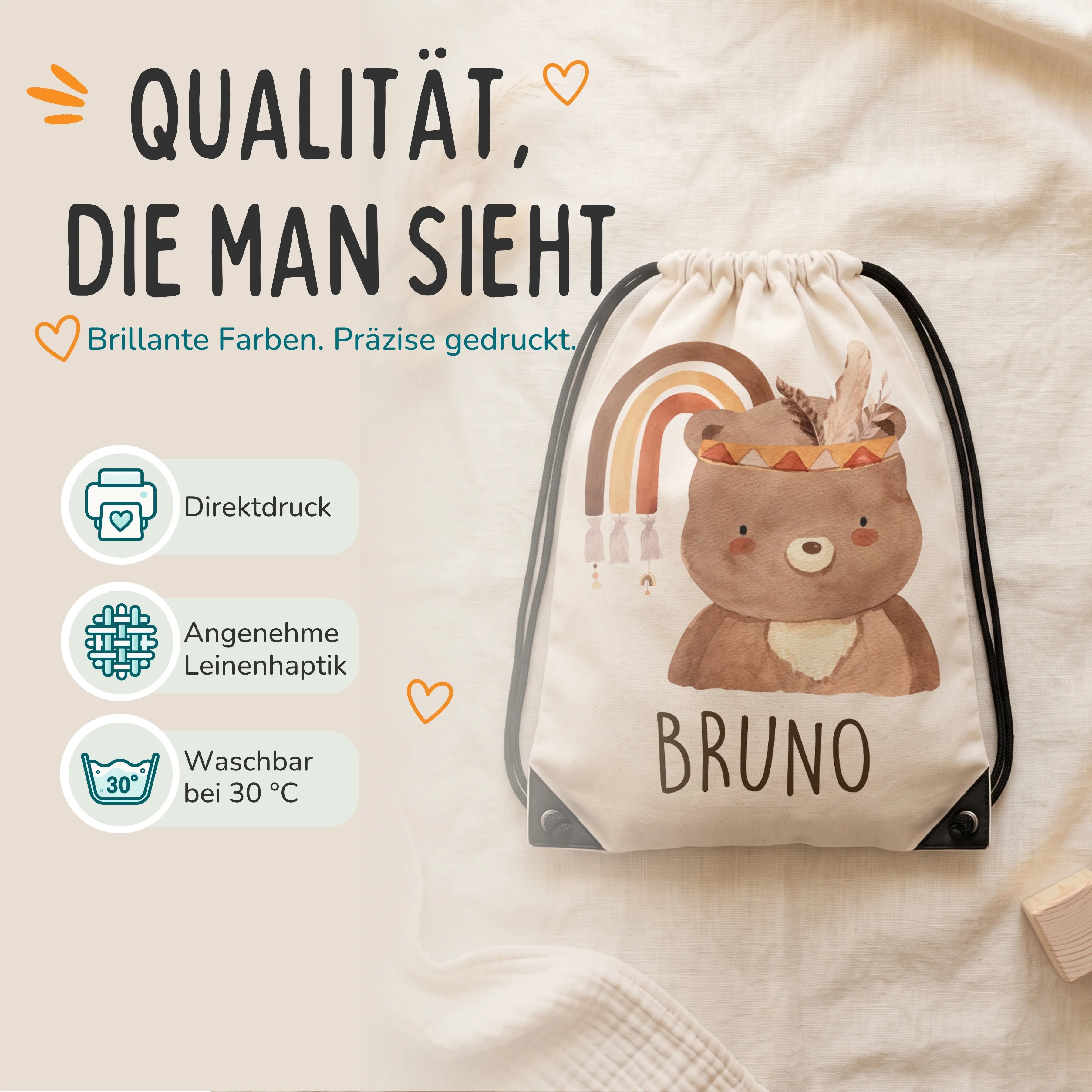 Personalisierter Turnbeutel BÀr mit Regenbogen, Direktdruck auf Polyester mit Leinenhaptik, waschbar bei 30 °C