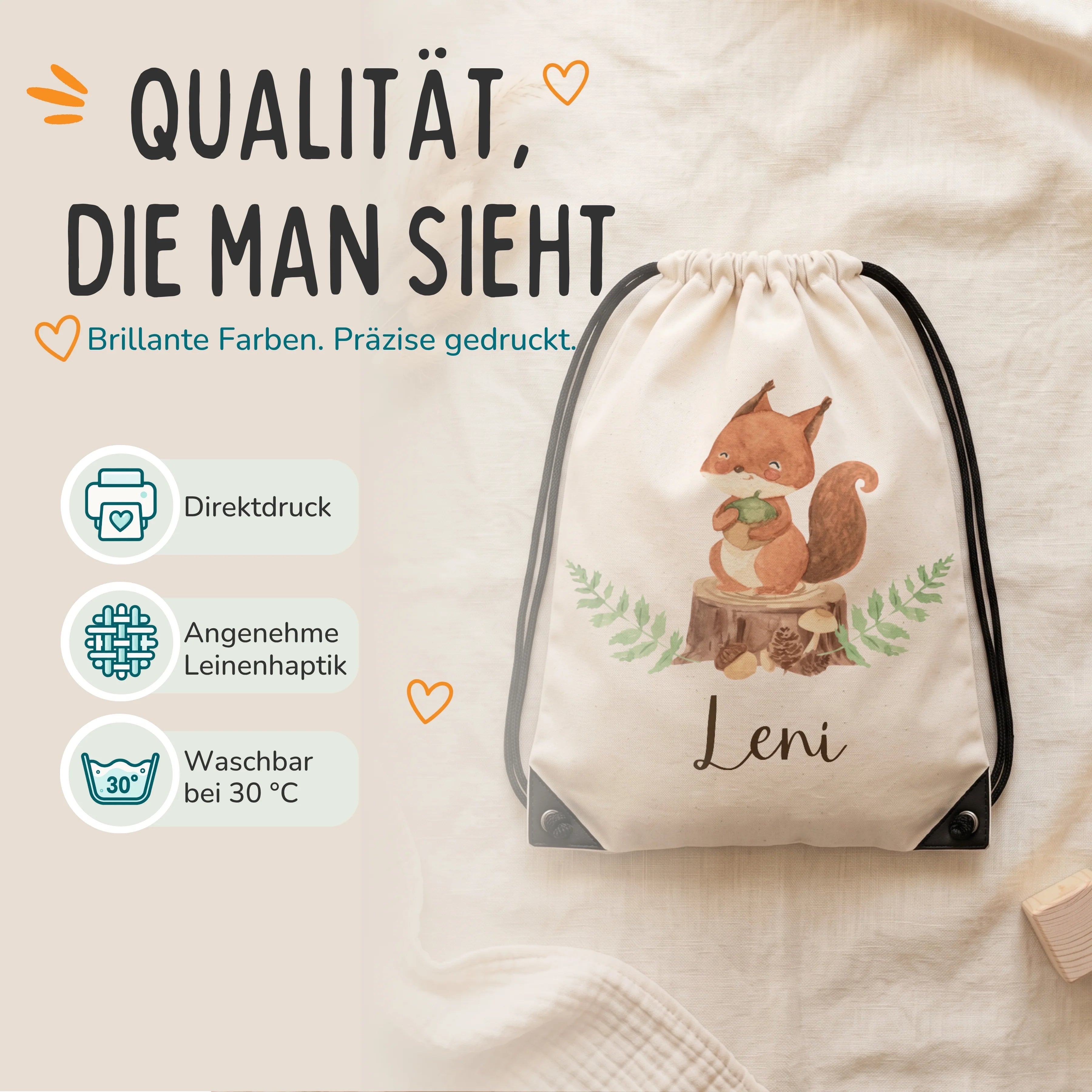 Personalisierter Turnbeutel Eichhörnchen, Direktdruck auf Polyester mit Leinenhaptik, waschbar bei 30 °C