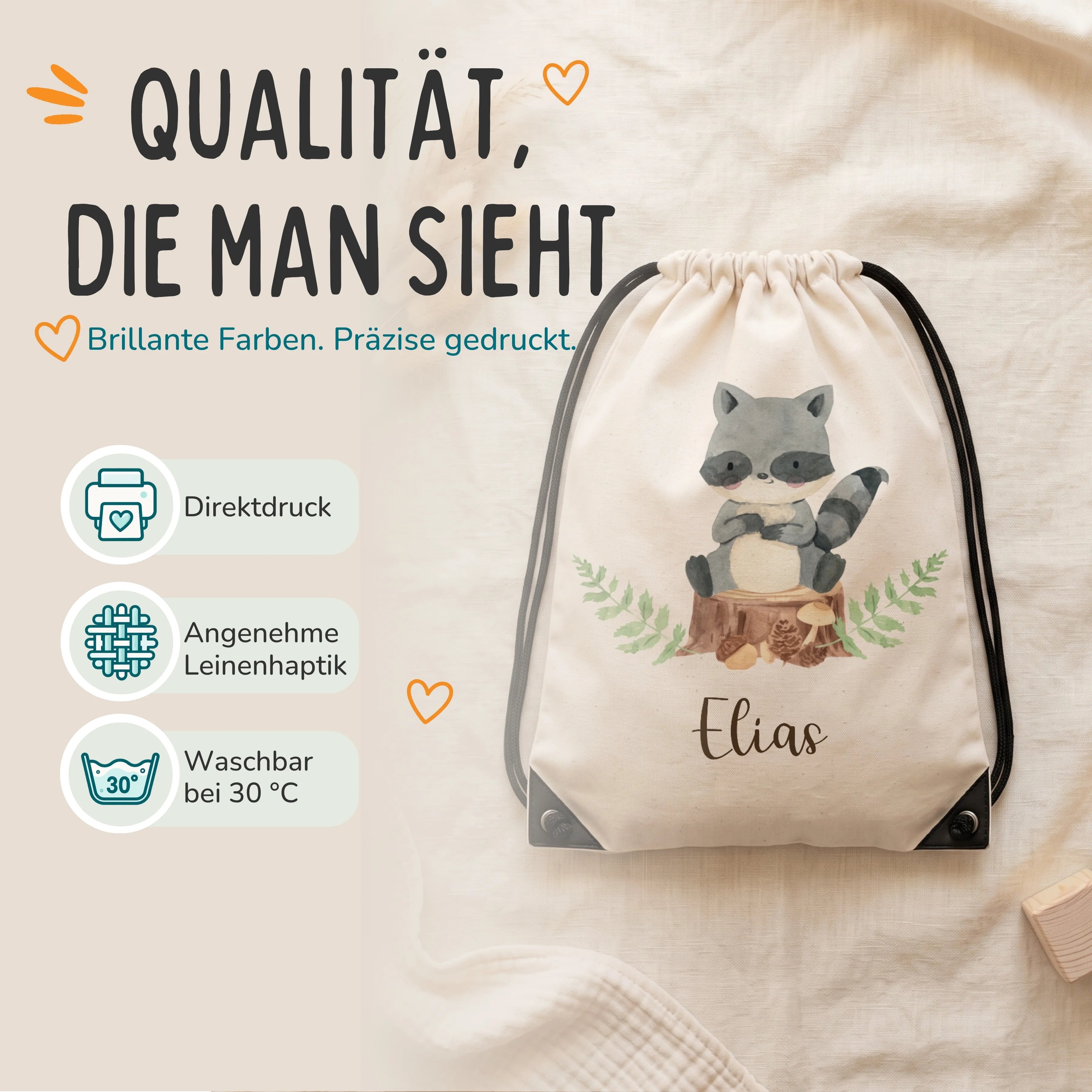 Personalisierter Turnbeutel WaschbÀr, Direktdruck auf Polyester mit Leinenhaptik, waschbar bei 30 °C