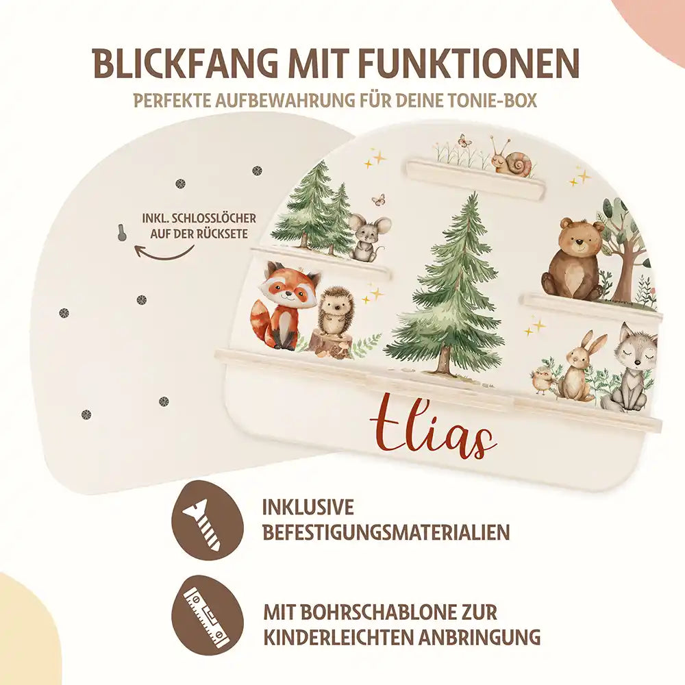 nahaufnahme des tonieregals aus holz mit waldtier design