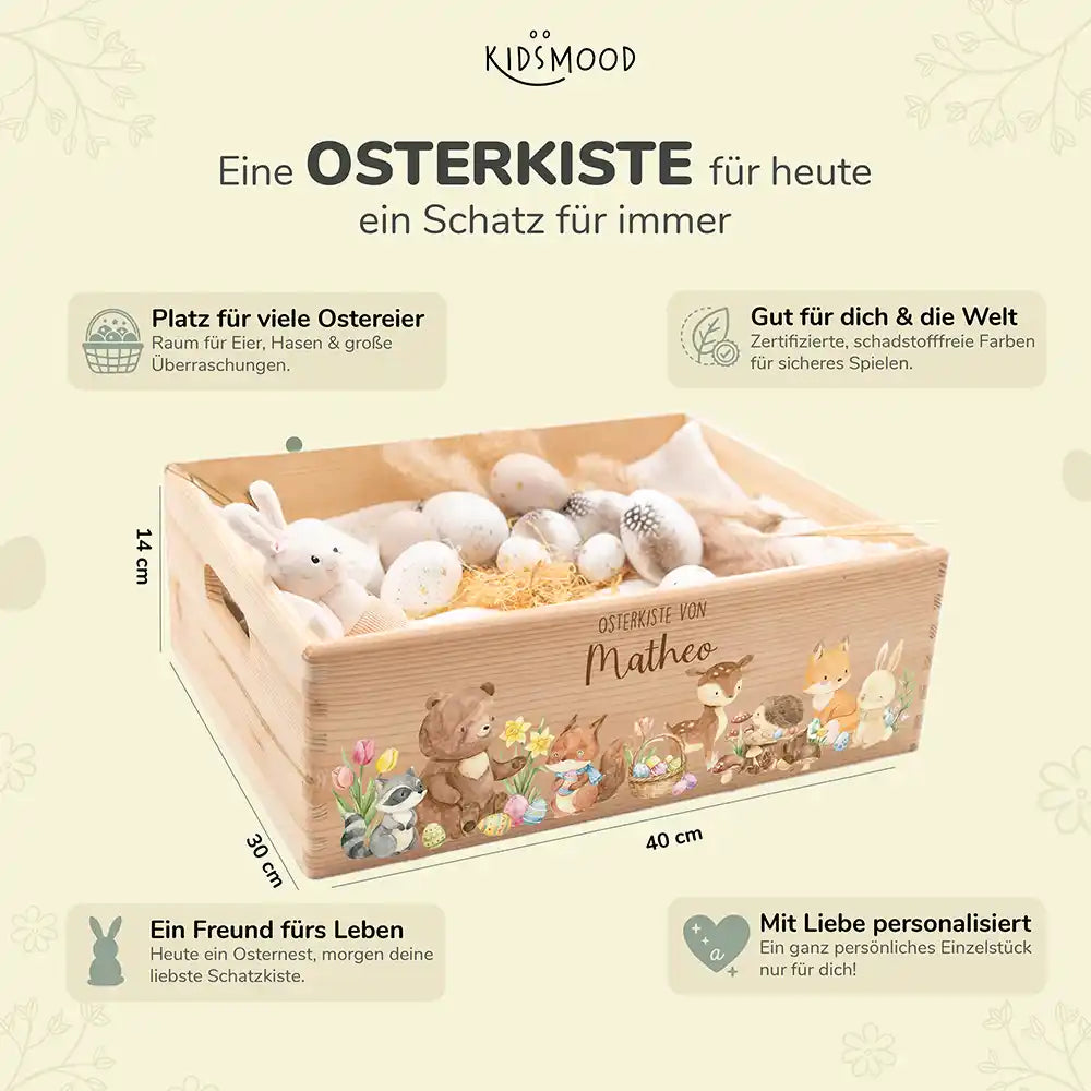 Osterkiste Holz personalisiert - Niedliche Waldtiere