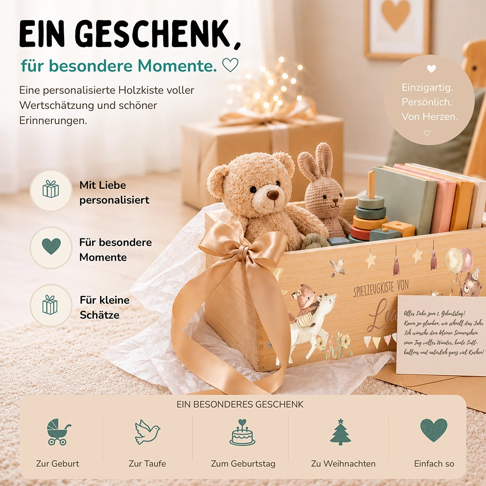 Spielzeugkiste personalisiert mit Namen - Regenbogen Fantasiewelt