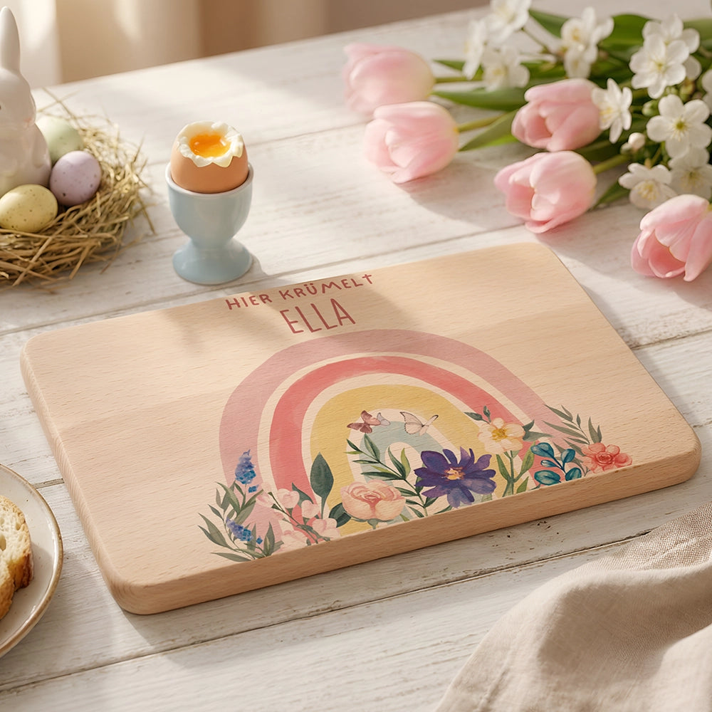 Frühstücksbrettchen Holz personalisiert - Blumen Regenbogen