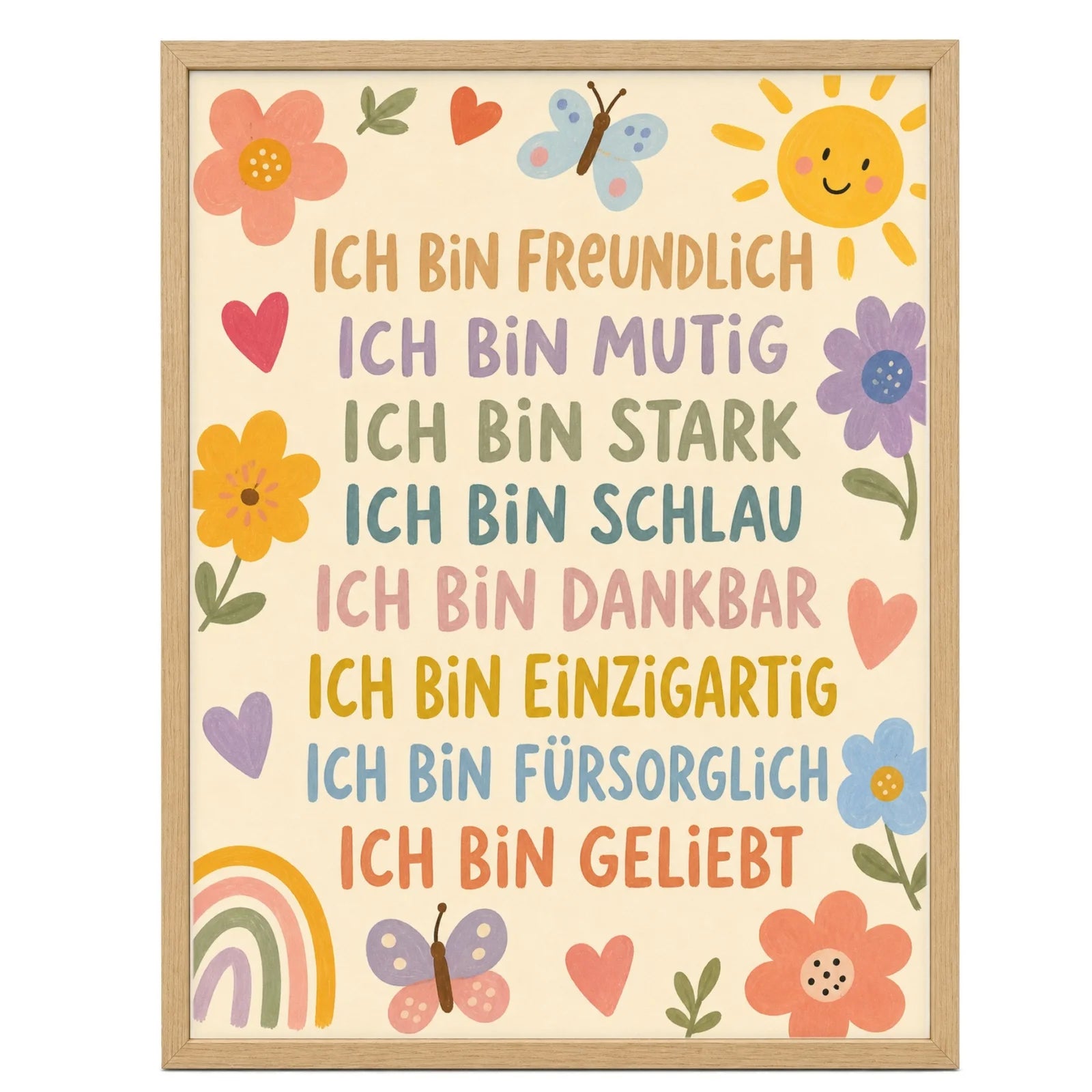 Affirmationsposter Kinderzimmer Blumenwiese Ich bin freundlich, im MĂ€dchenzimmer