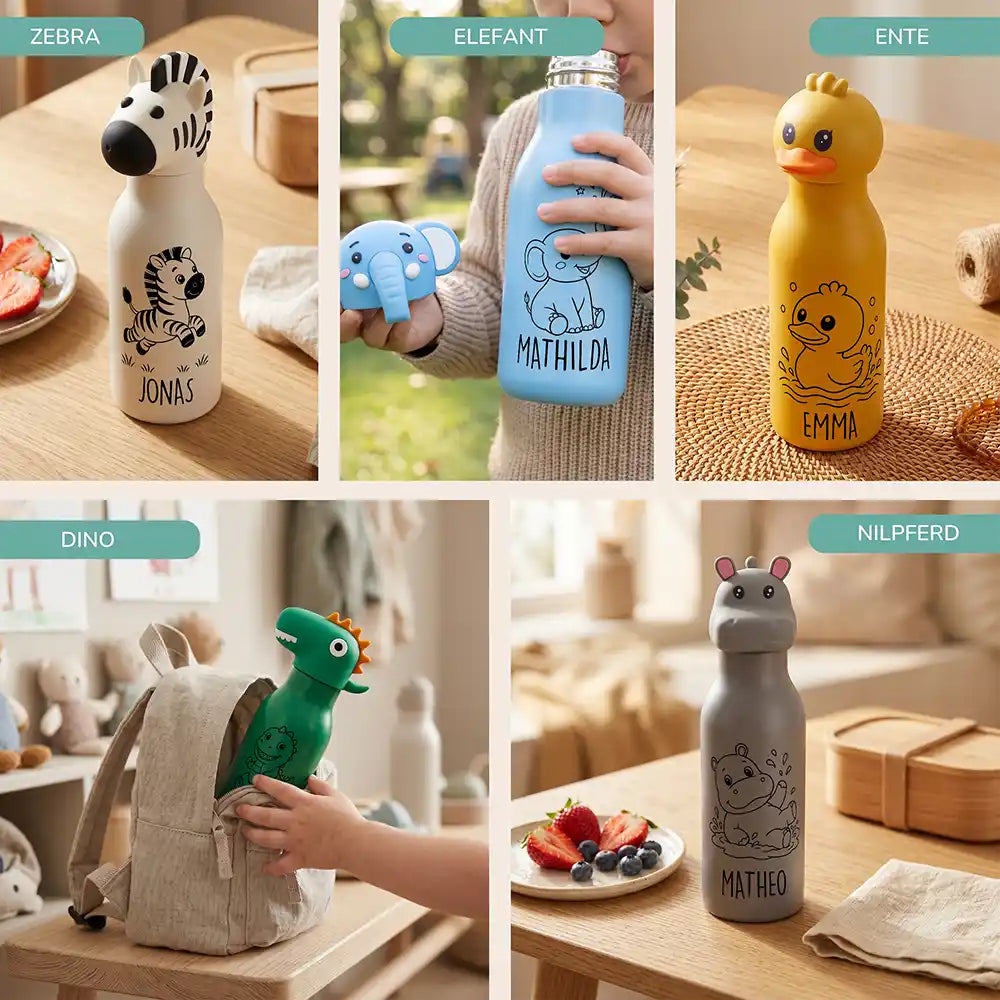 Personalisierte Trinkflasche Kinder Ente, fünf Tiermotive zur Auswahl