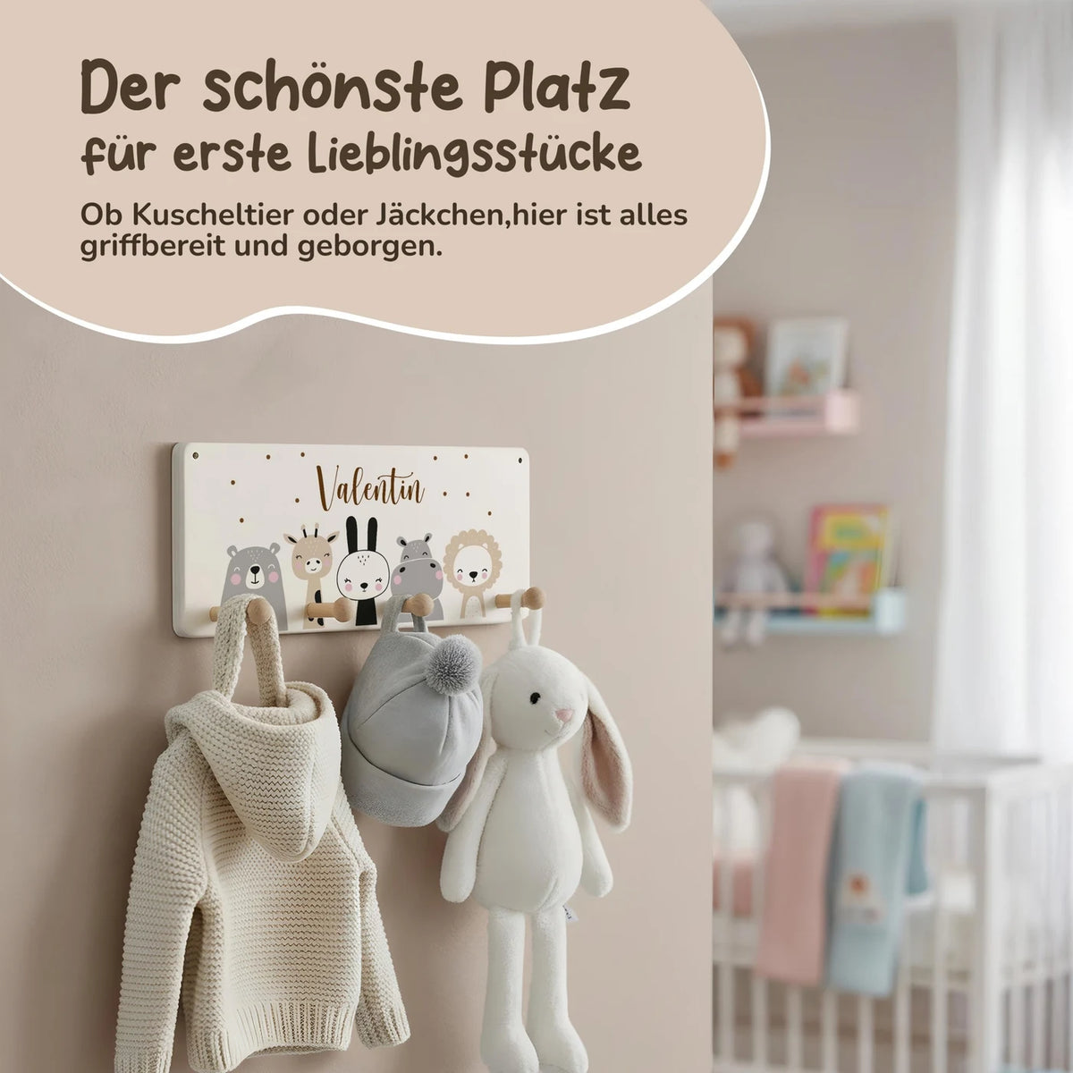 Kindergarderobe Holz personalisiert - Tierfamilie