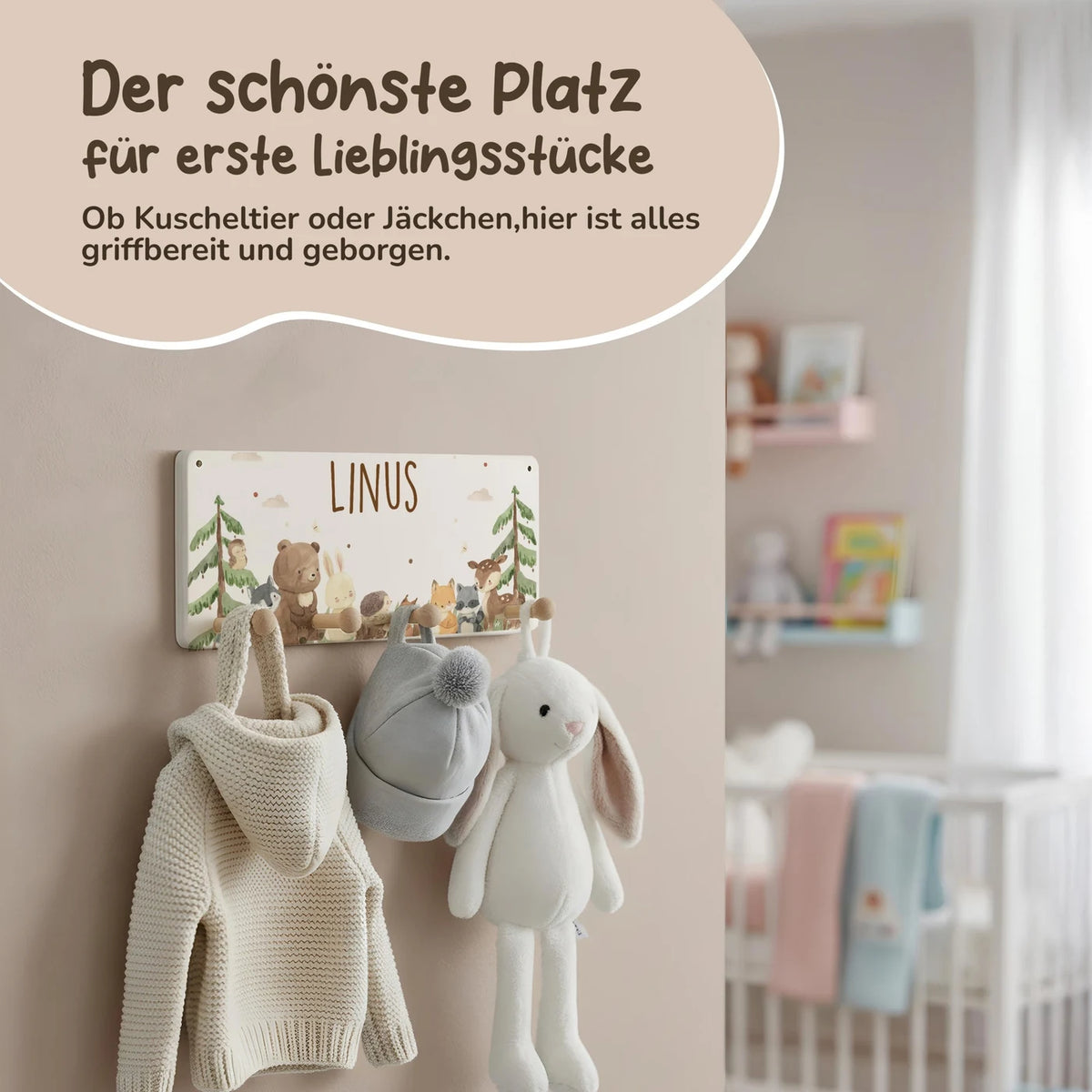 Kindergarderobe Holz personalisiert - Waldtiere