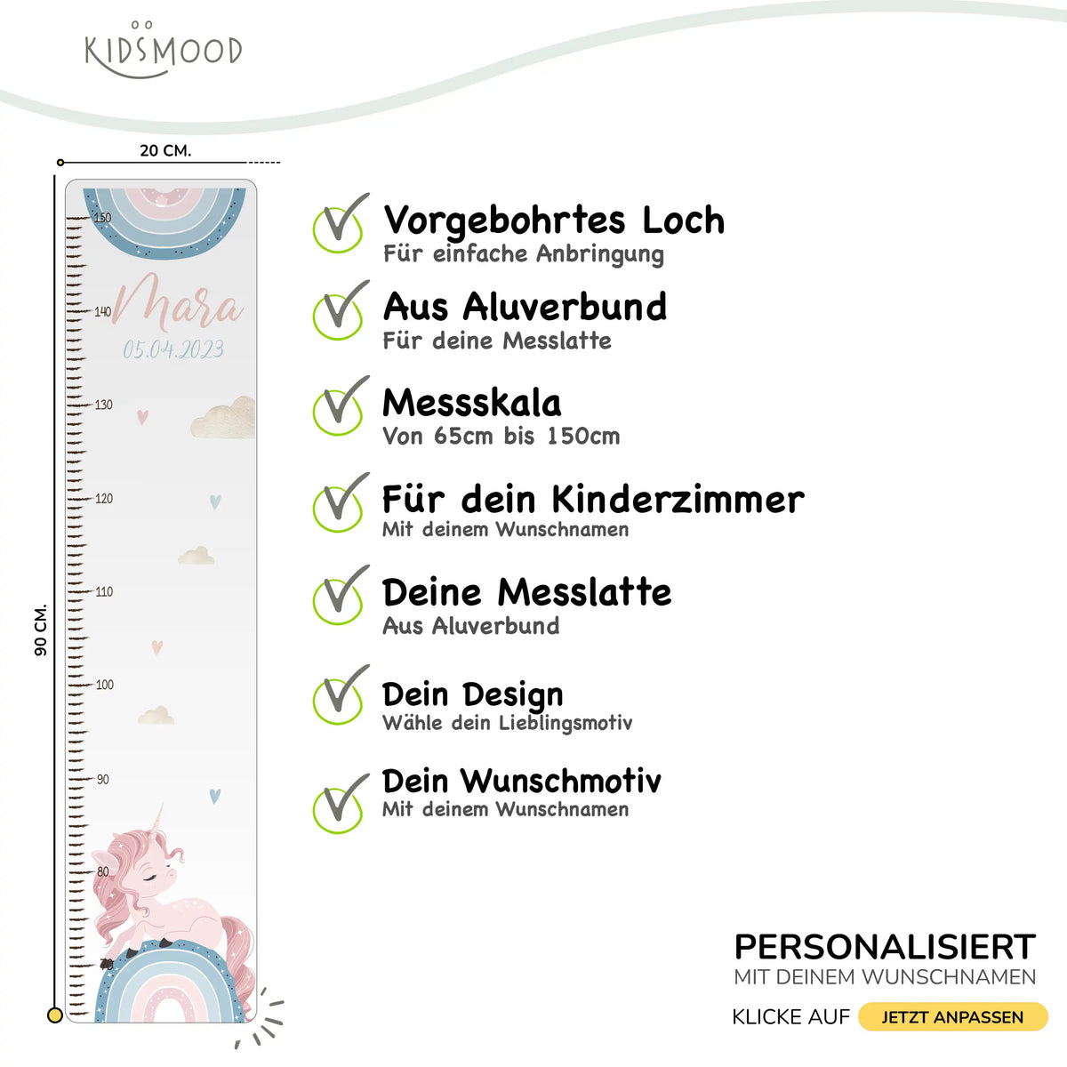 Messlatte Kinder Holz & Aluverbund - Einhorn