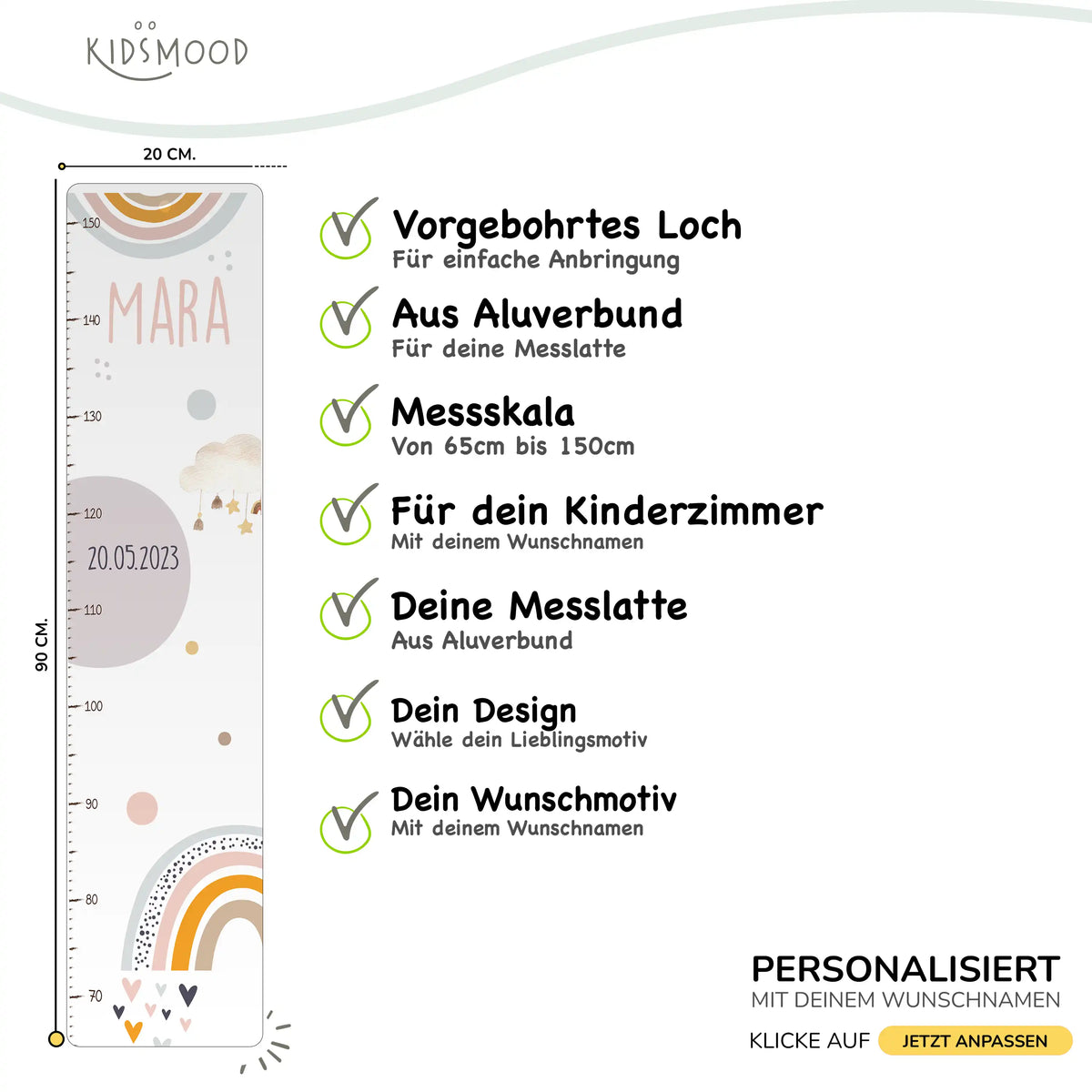 Messlatte Kinder Holz & Aluverbund - Regenbogen