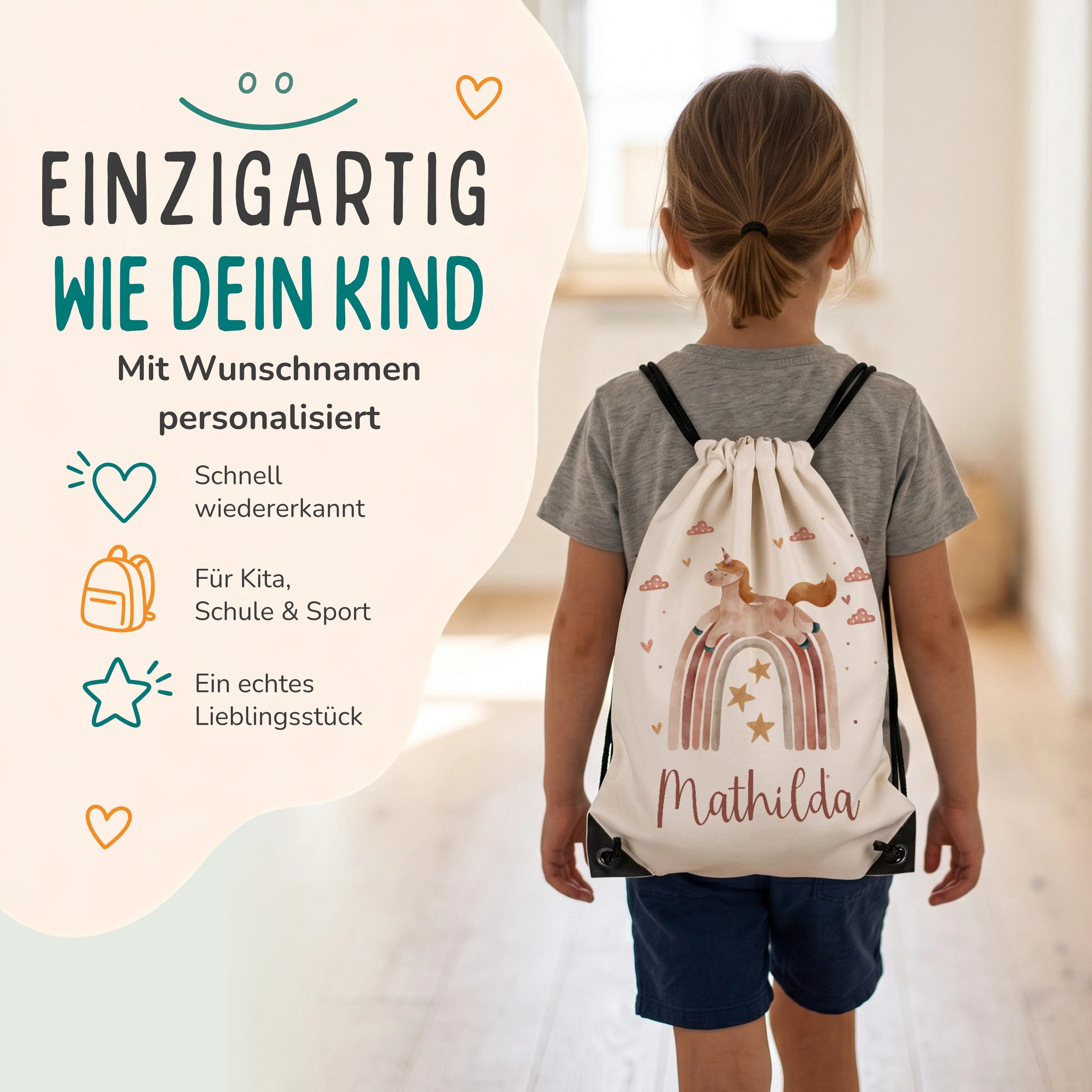 Personalisierter Turnbeutel Einhorn Regenbogen, Kind trägt den Beutel auf dem Rücken