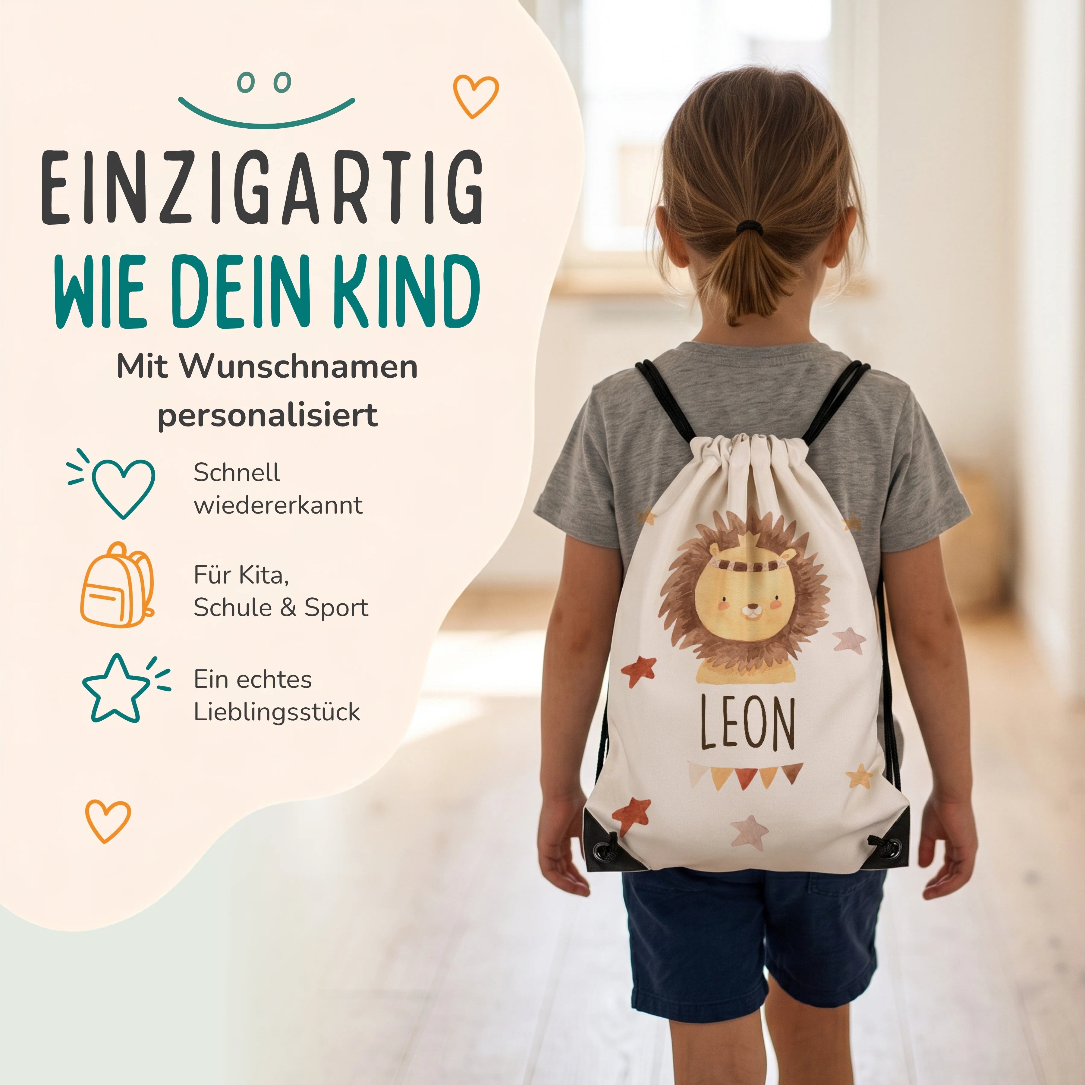 Personalisierter Turnbeutel Löwe mit Kranz, Kind trĂ€gt den Beutel auf dem RĂŒcken