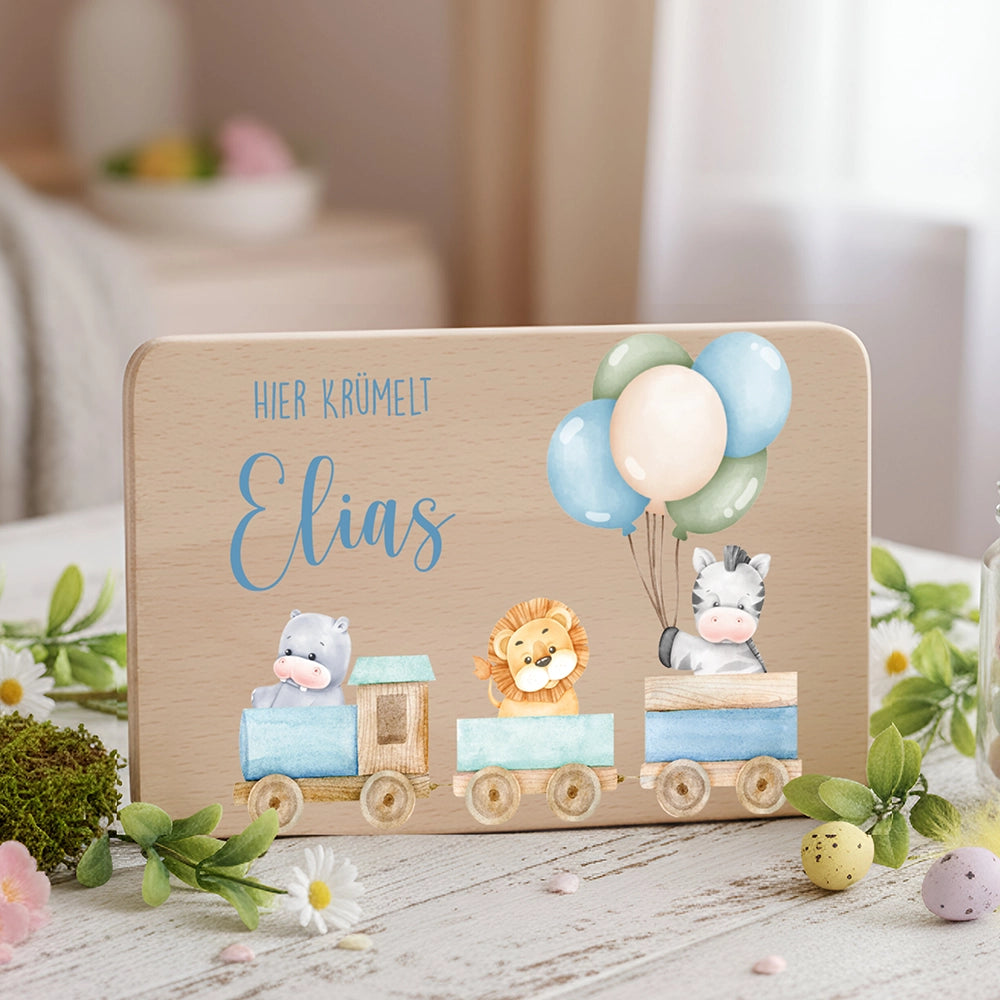Frühstücksbrettchen Holz personalisiert Tiere Eisenbahn