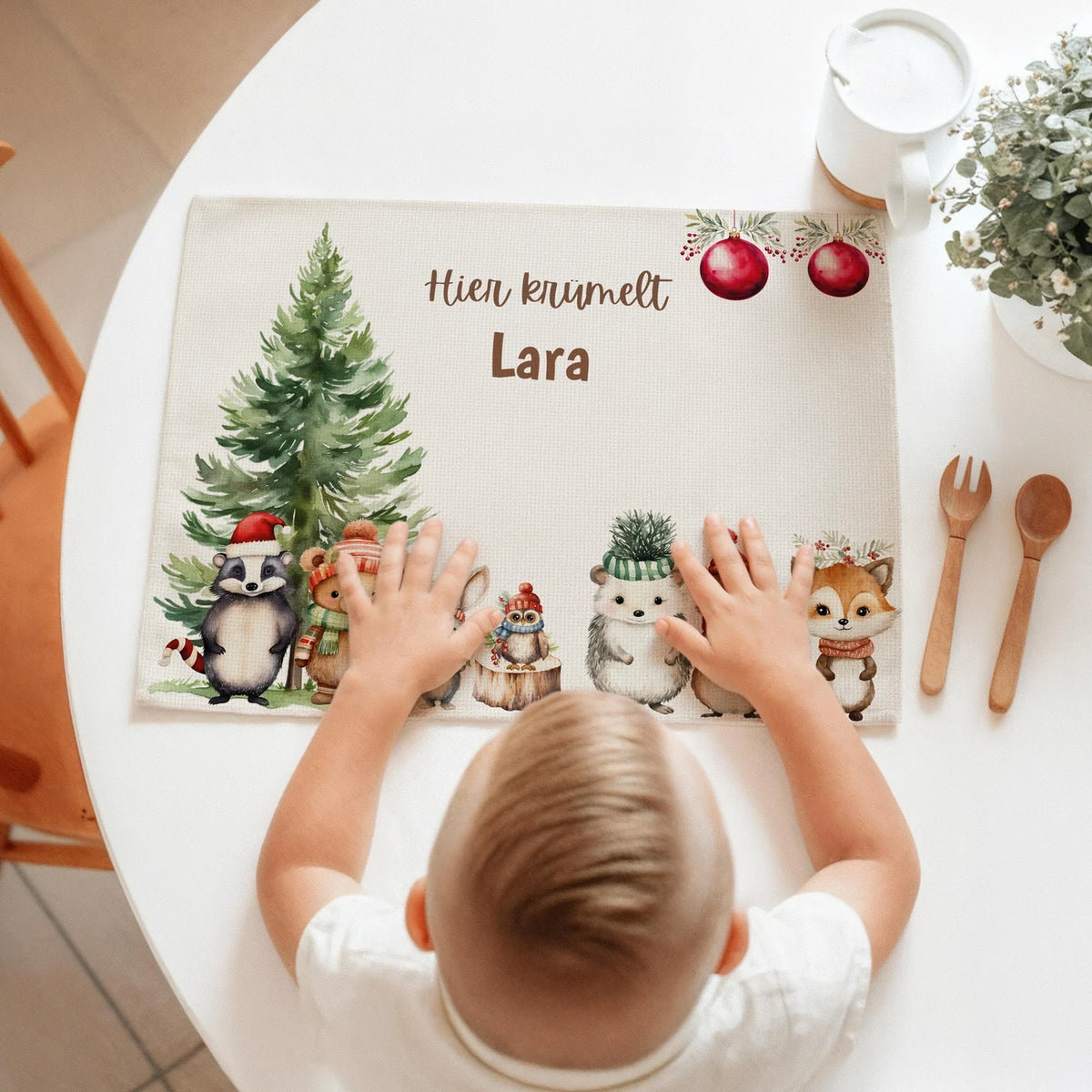 Tischset Kinder personalisiert Weihnachtsmotiv - Glückliche Tiergesellschaft