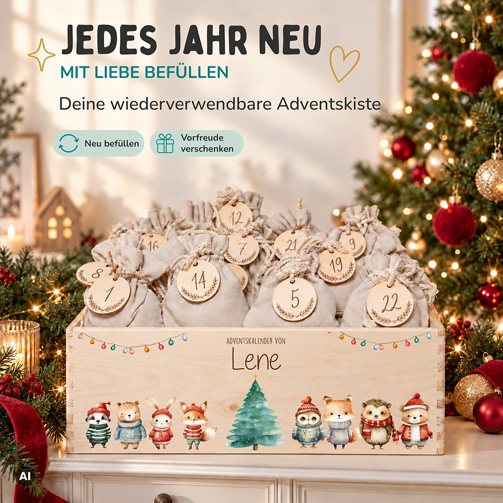 Adventskalender zum Befüllen "Weihnachten mit Tieren und Lichterkette" personalisiert