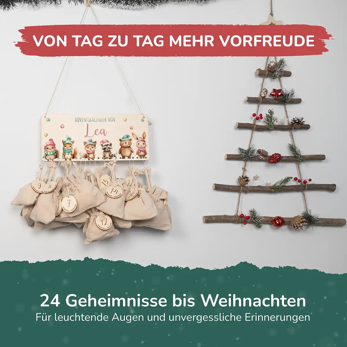 Personalisierbarer Adventskalender farbig - Weihnachtliche Tierfamilie