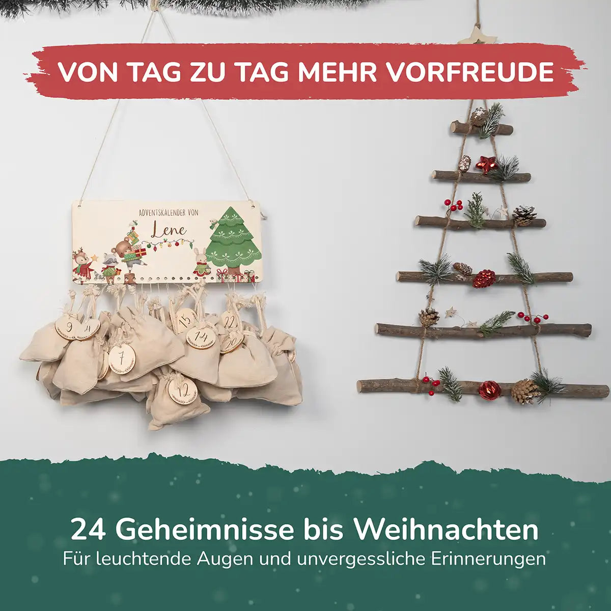 Personalisierbarer Adventskalender farbig - Weihnachtsbaum Tiere