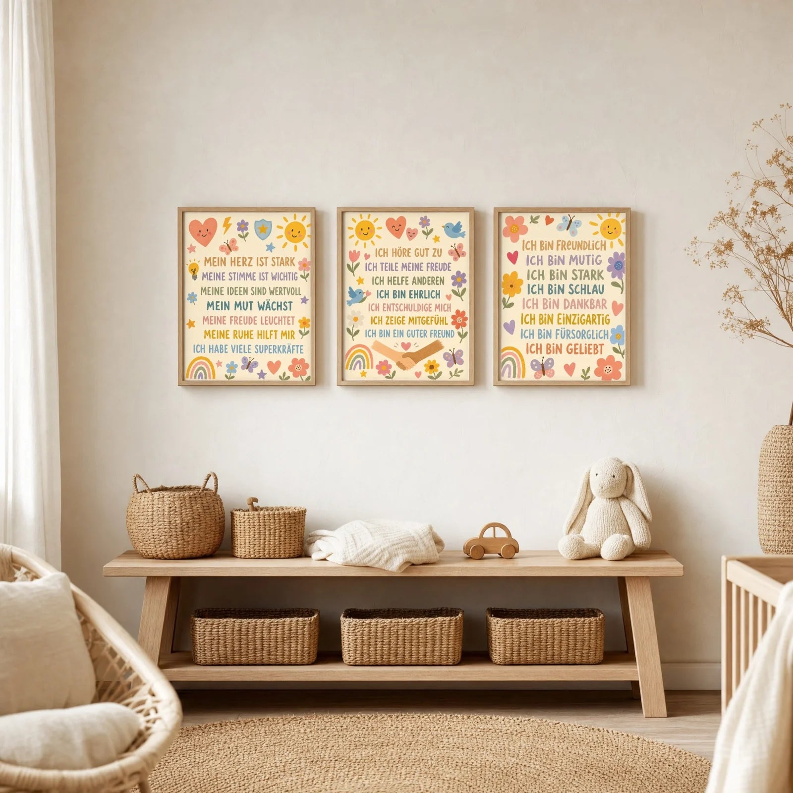 Affirmationsposter Kinderzimmer Blumenwiese Ich höre zu, im Jungenzimmer