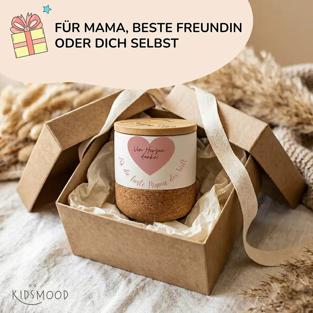 Duftkerze Vanille Keramik Von Herzen Danke â Flatlay mit Lieferumfang