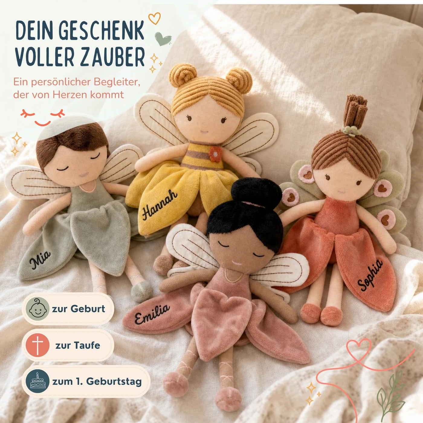 Jollein Stoffpuppe Fee Rosé, Geschenk zur Geburt, zur Taufe und zum 1. Geburtstag