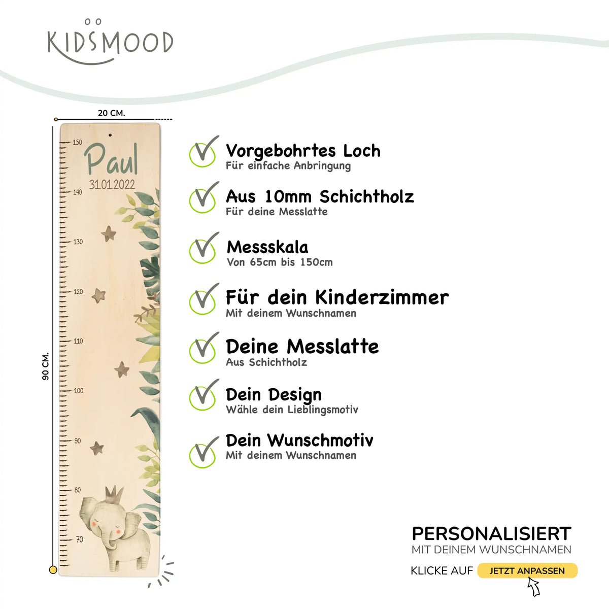 Messlatte Kinder Holz & Aluverbund - Elefant