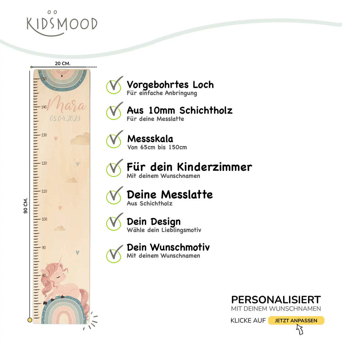 Messlatte Kinder Holz & Aluverbund - Einhorn