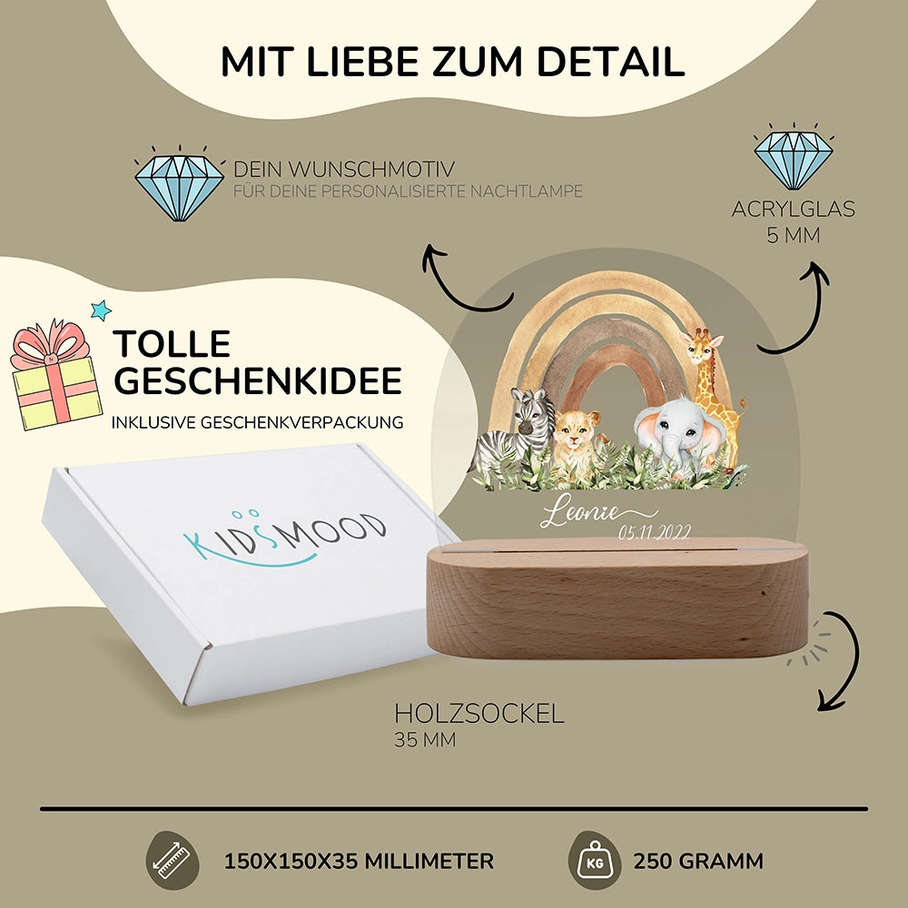 Nachtlicht Regenbogen personalisiert â 150 Ă 150 Ă 35 mm, 5 mm Acrylglas, Holzsockel, mit Geschenkverpackung