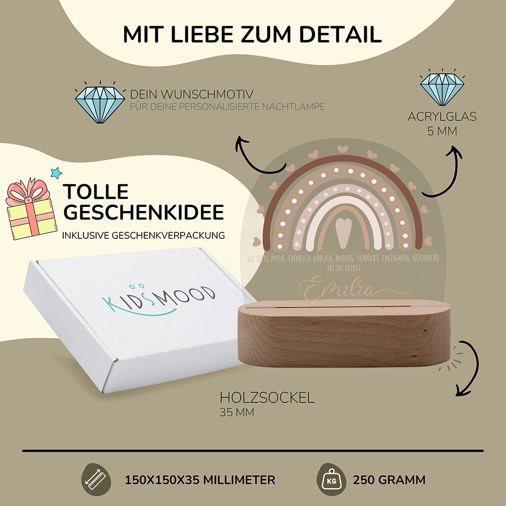 Nachtlicht Regenbogen personalisiert â 150 Ă 150 Ă 35 mm, 5 mm Acrylglas, Holzsockel, mit Geschenkverpackung