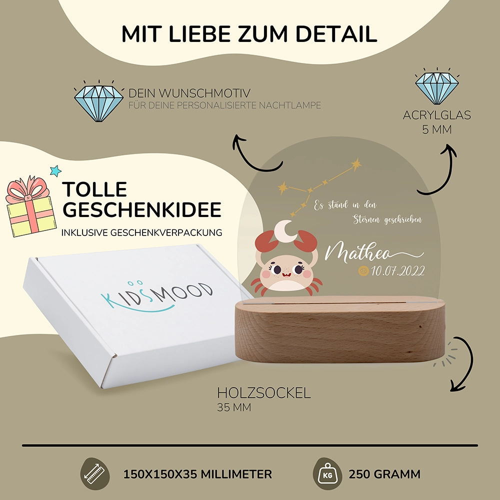 Nachtlicht Sternzeichen Krebs personalisiert â 150 Ă 150 Ă 35 mm, 5 mm Acrylglas, Holzsockel, mit Geschenkverpackung