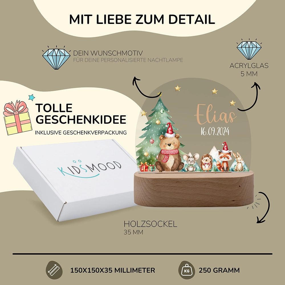 Nachtlicht BĂ€r personalisiert â 150 Ă 150 Ă 35 mm, 5 mm Acrylglas, Holzsockel, mit Geschenkverpackung