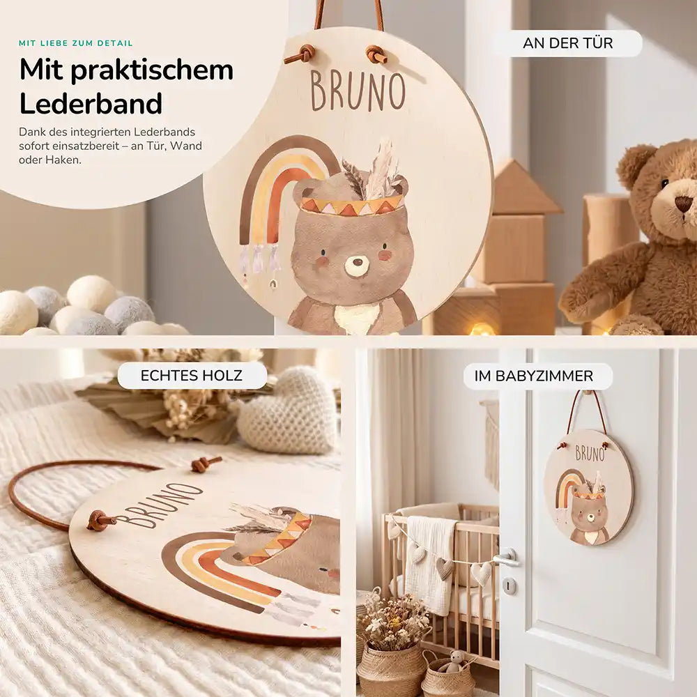 Türschild Kinderzimmer Bär mit Regenbogen, im Größenvergleich, Ø 14 cm und Ø 20 cm