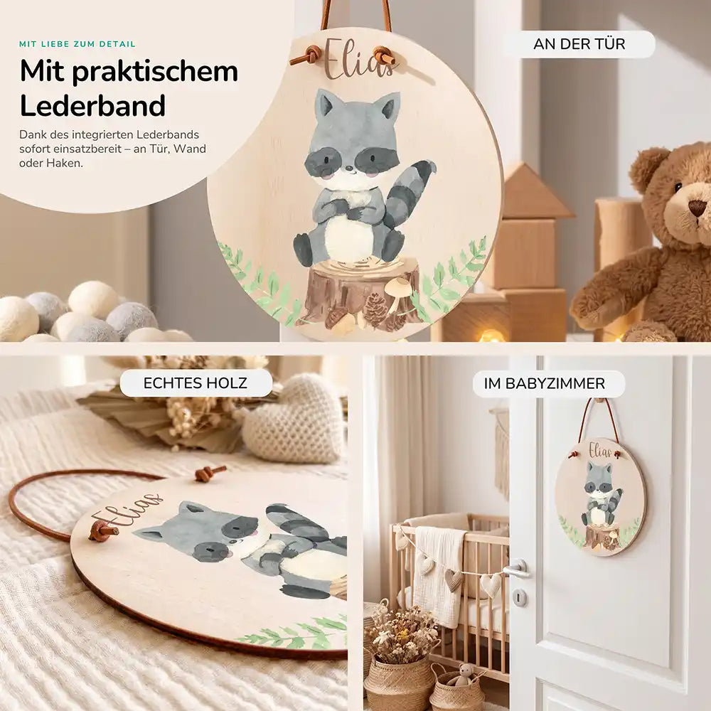 TĂŒrschild Kinderzimmer WaschbĂ€r im Wald, im GröĂenvergleich, Ă 14 cm und Ă 20 cm