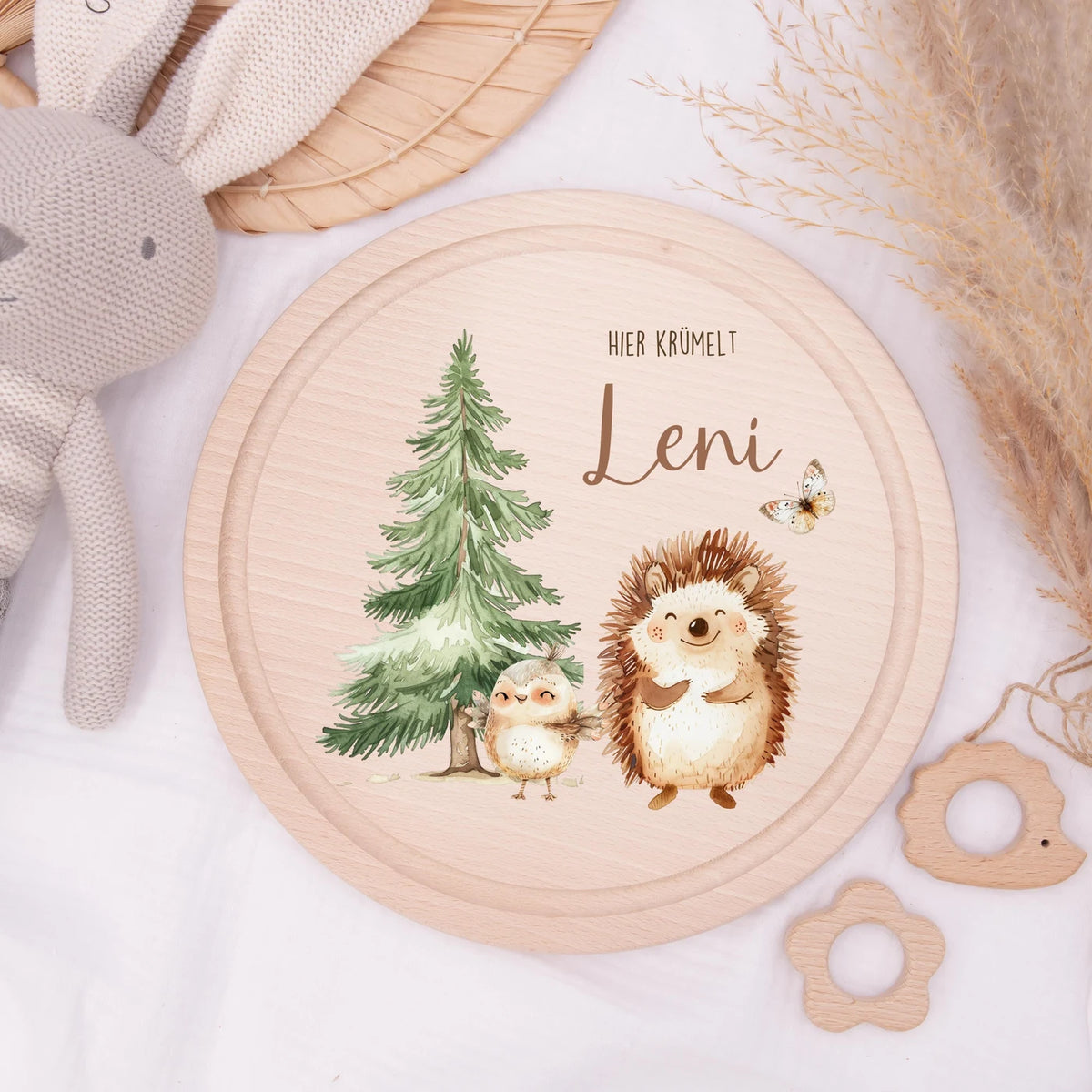 Rundes personalisiertes Frühstücksbrettchen Igel mit Namen für Kinder