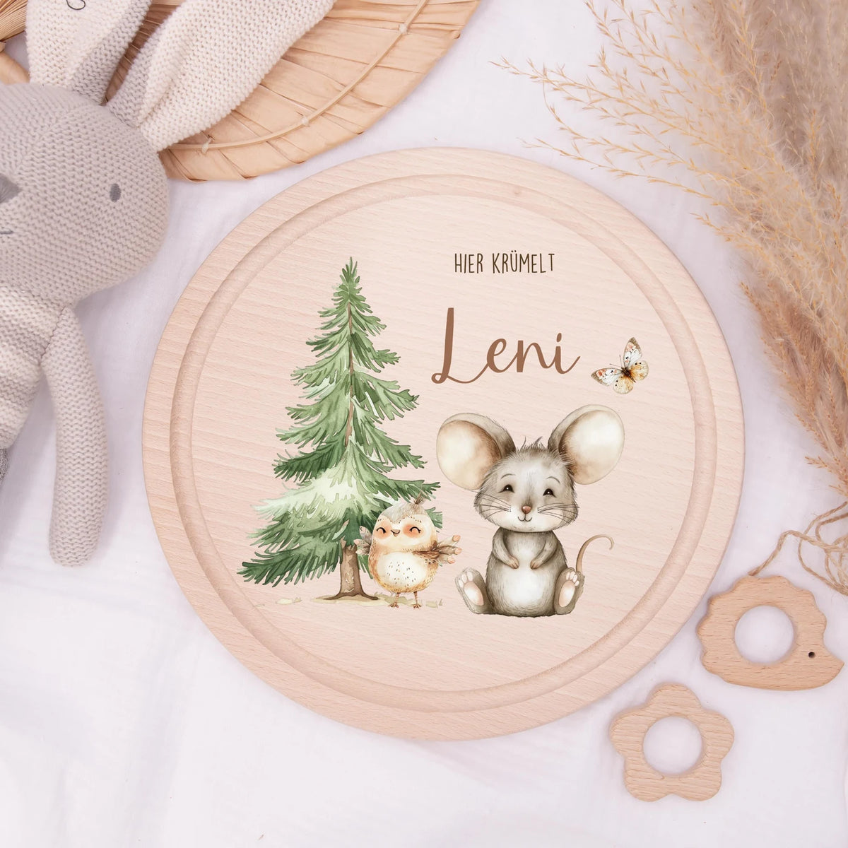 Rundes personalisiertes Frühstücksbrettchen Springmaus mit Namen für Kinder