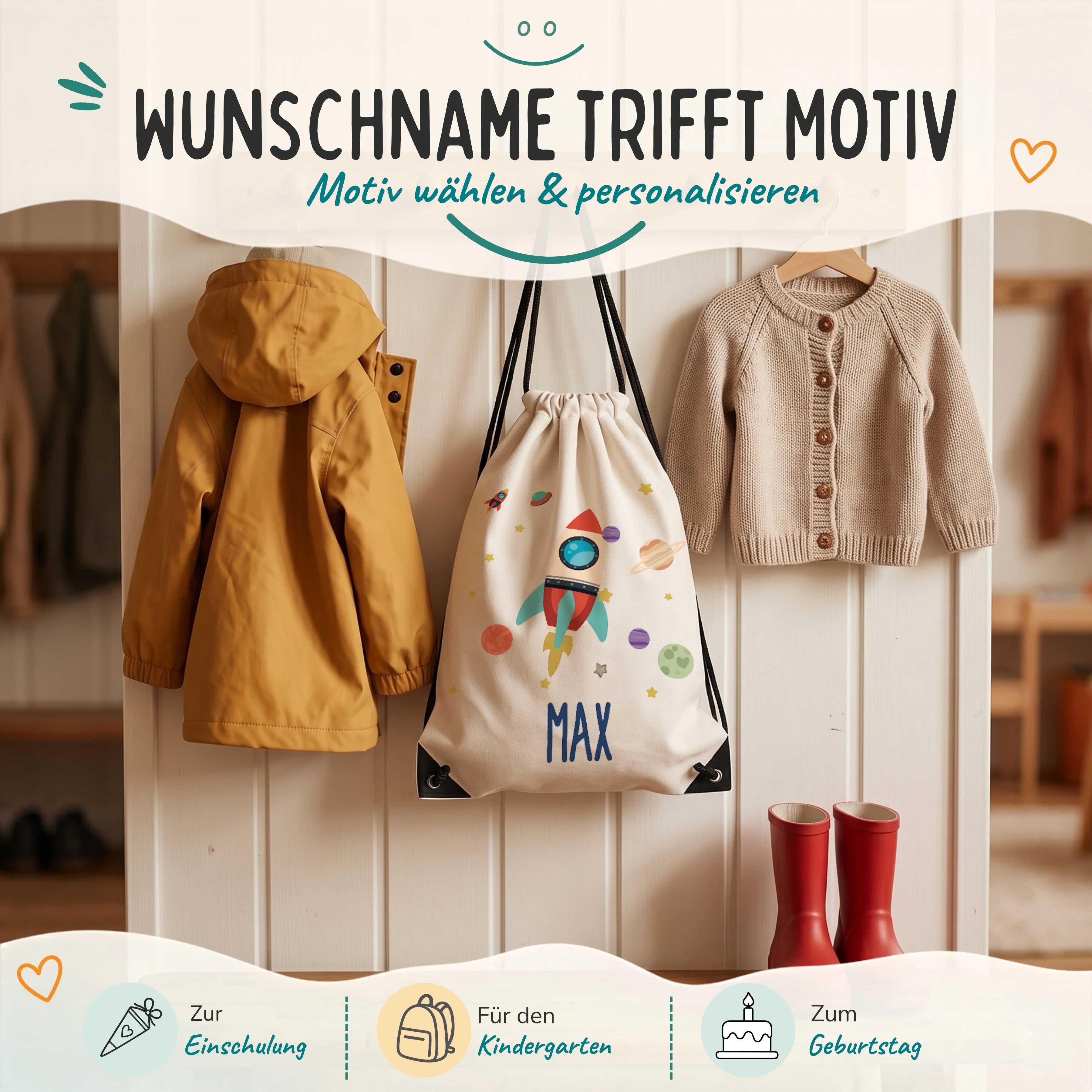 Personalisierter Turnbeutel Rakete, Geschenk zur Einschulung, zum Kindergarten und zum Geburtstag