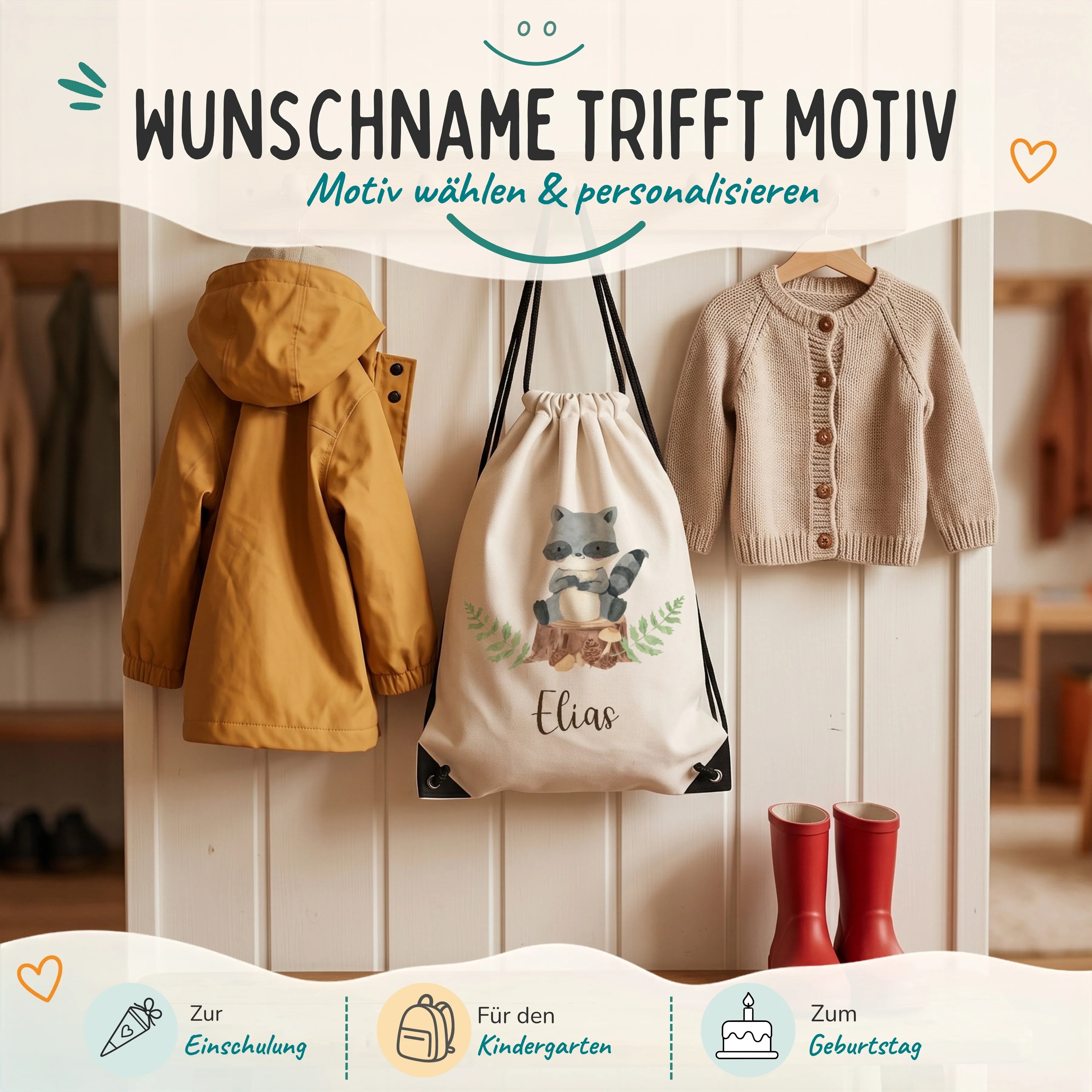 Personalisierter Turnbeutel WaschbÀr, Geschenk zur Einschulung, zum Kindergarten und zum Geburtstag