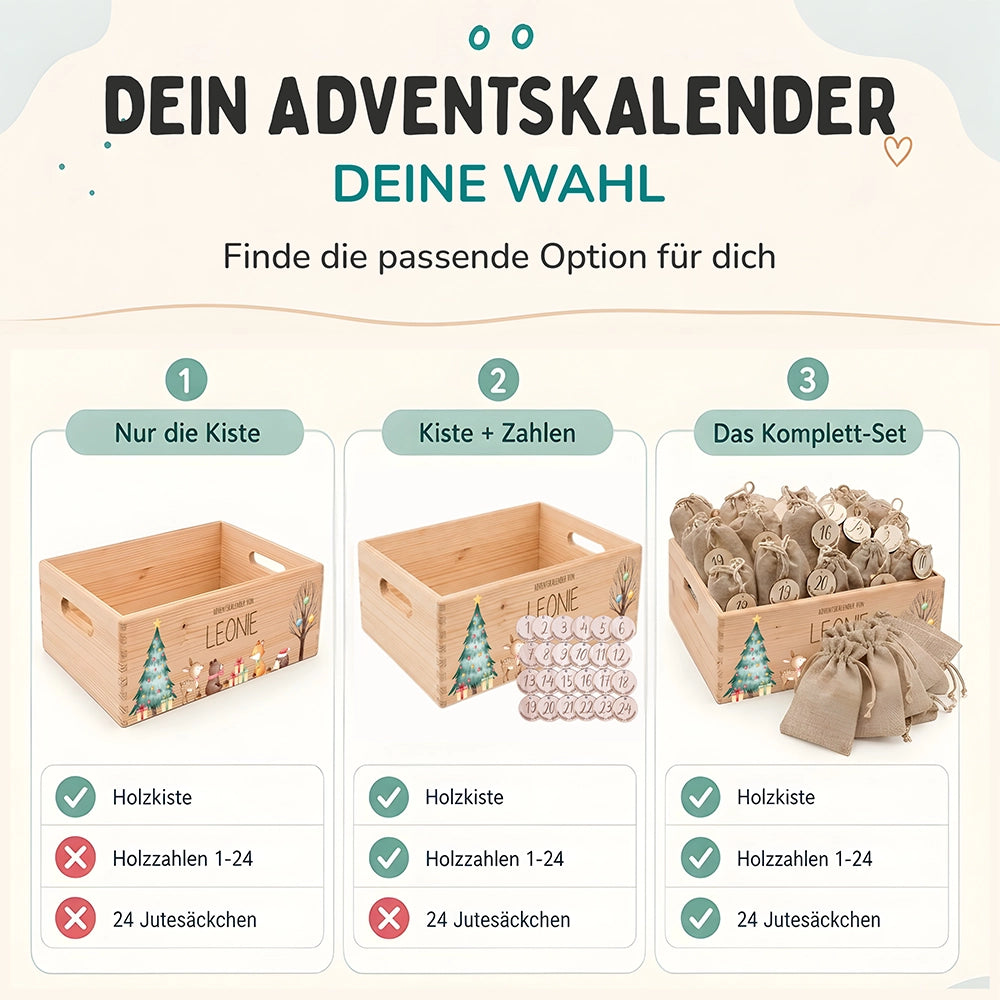 Adventskalender zum Befüllen "Waldtiere um den Weihnachtsbaum" personalisiert