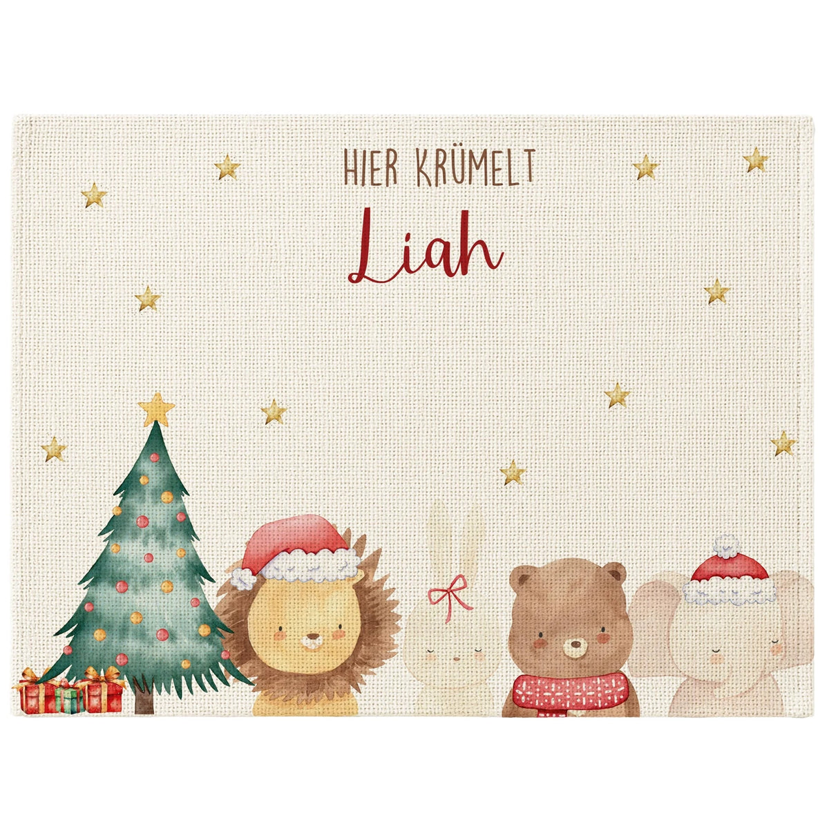 Tischset Kinder personalisiert Weihnachtsmotiv - Weihnachtswald-Tiertruppe
