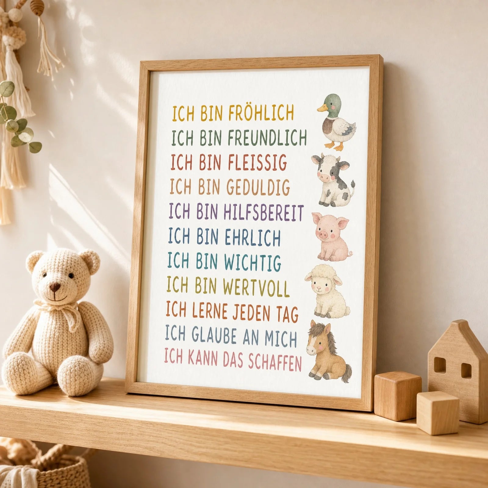 Affirmationsposter Kinderzimmer Bauernhoftiere, als Wandbild ĂŒber der Spielecke