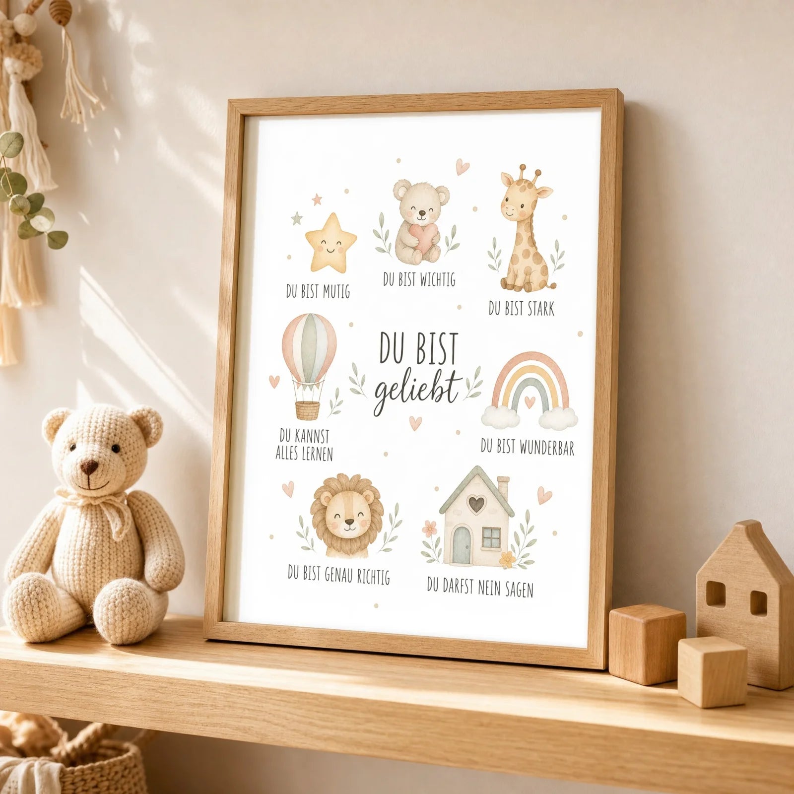 Affirmationsposter Kinderzimmer Collage Du bist geliebt, als Wandbild ĂŒber der Spielecke