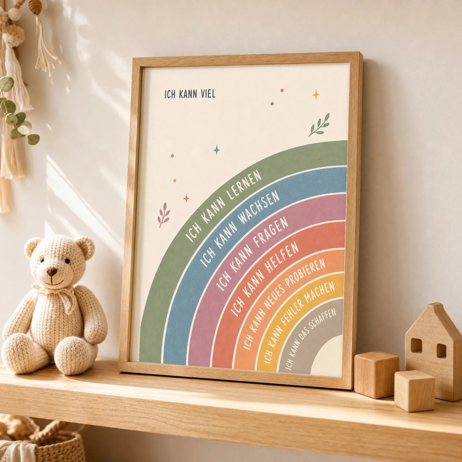 Affirmationsposter Kinderzimmer Regenbogen Ich kann viel, als Wandbild ĂŒber der Spielecke