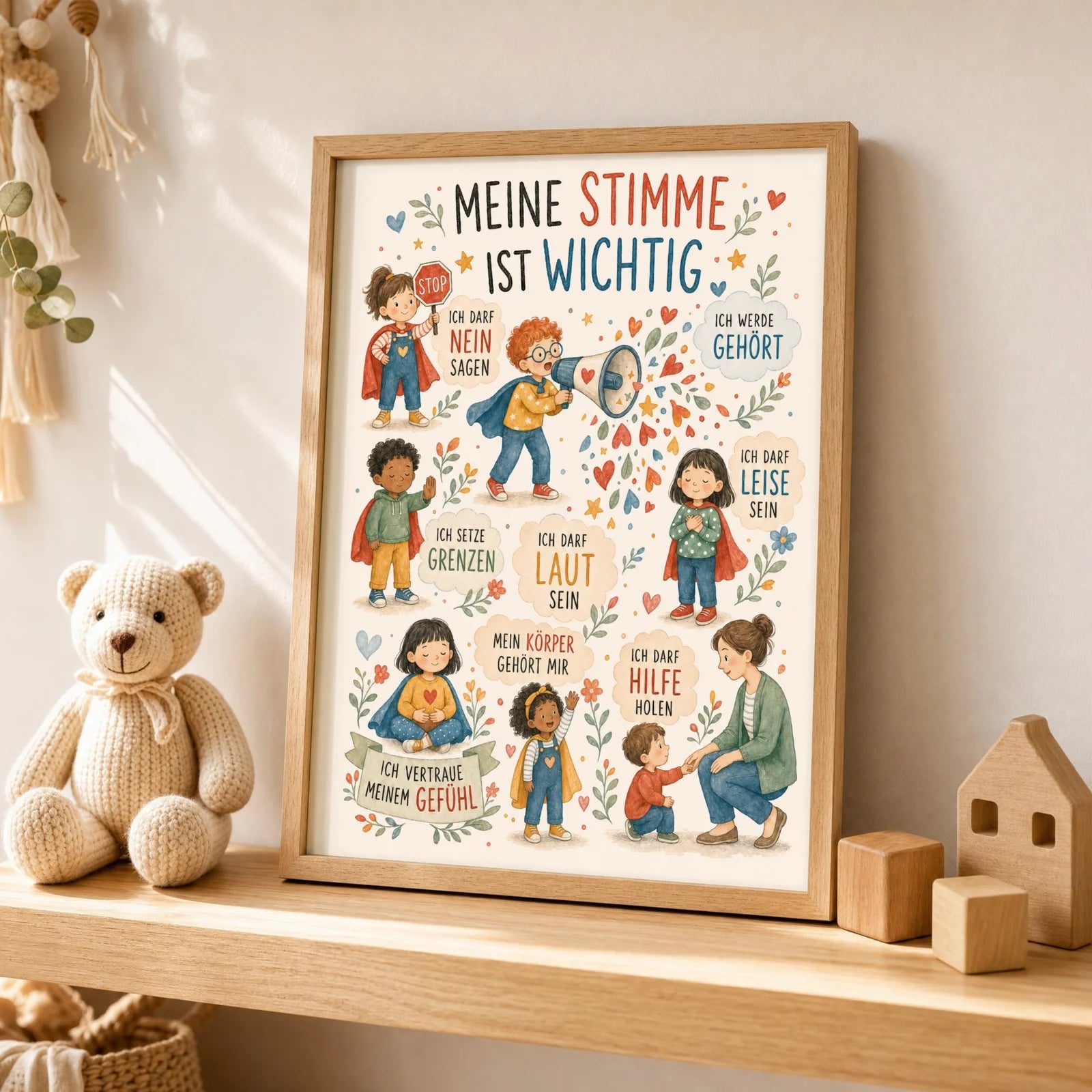 Affirmationsposter Kinderzimmer Wimmelbild Meine Stimme, als Wandbild ĂŒber der Spielecke