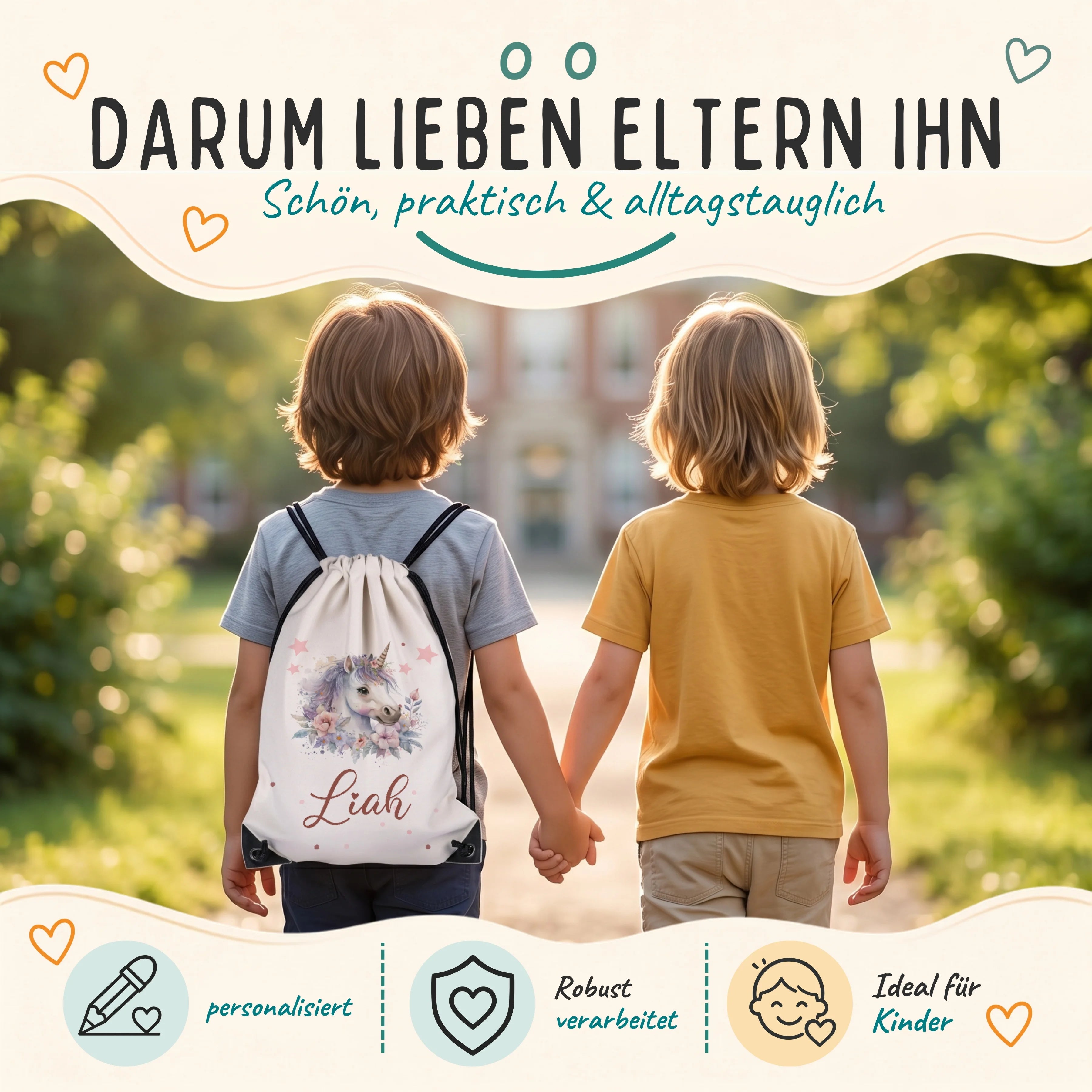 Personalisierter Turnbeutel Einhorn mit Blumen, robuster Begleiter für Kita, Schule und Sport