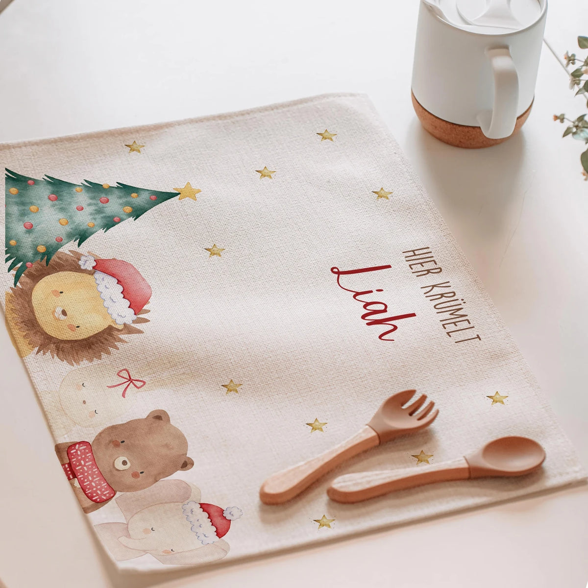Tischset Kinder personalisiert Weihnachtsmotiv - Weihnachtswald-Tiertruppe