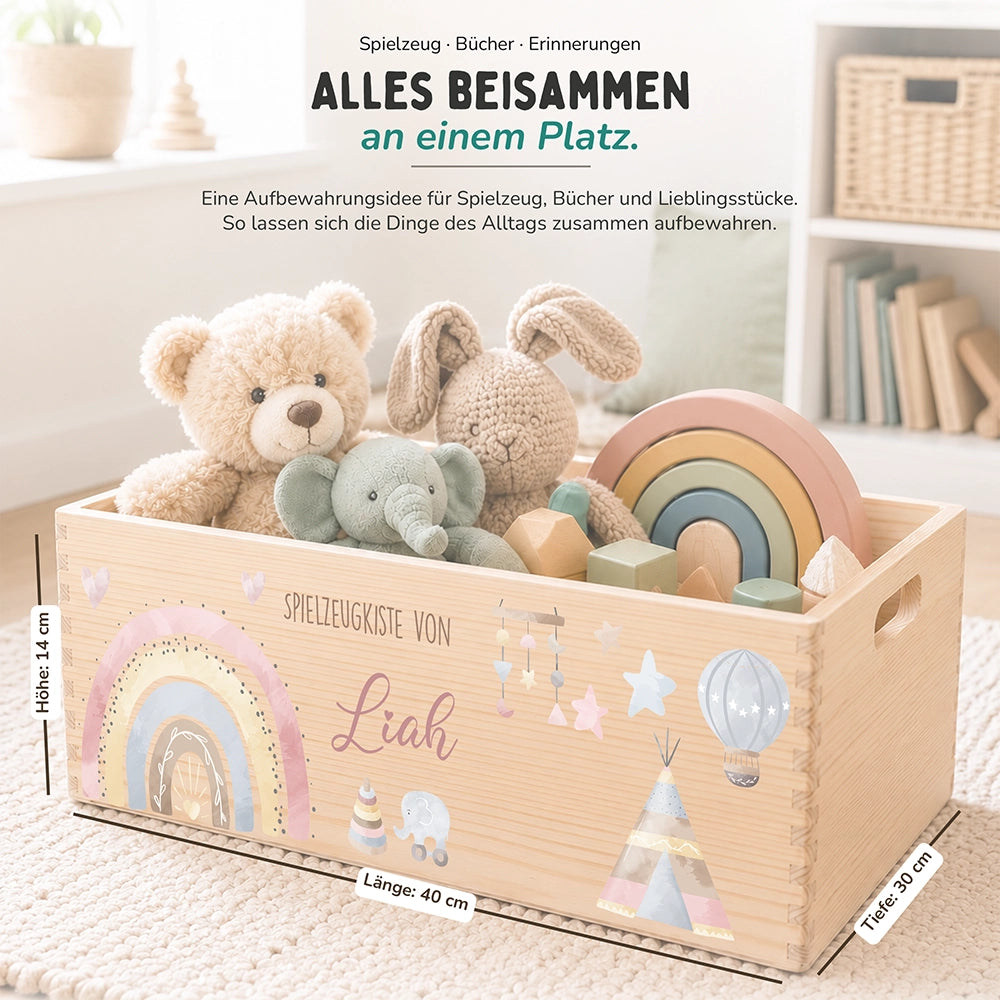Spielzeugkiste personalisiert mit Namen - Baby Reh mit Regenbogen