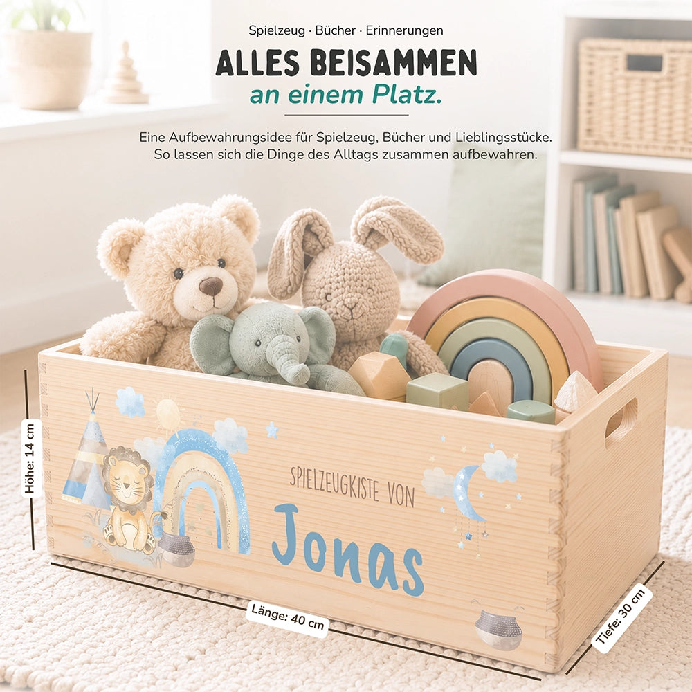 Spielzeugkiste personalisiert mit Namen - Löwe mit Regenbogen
