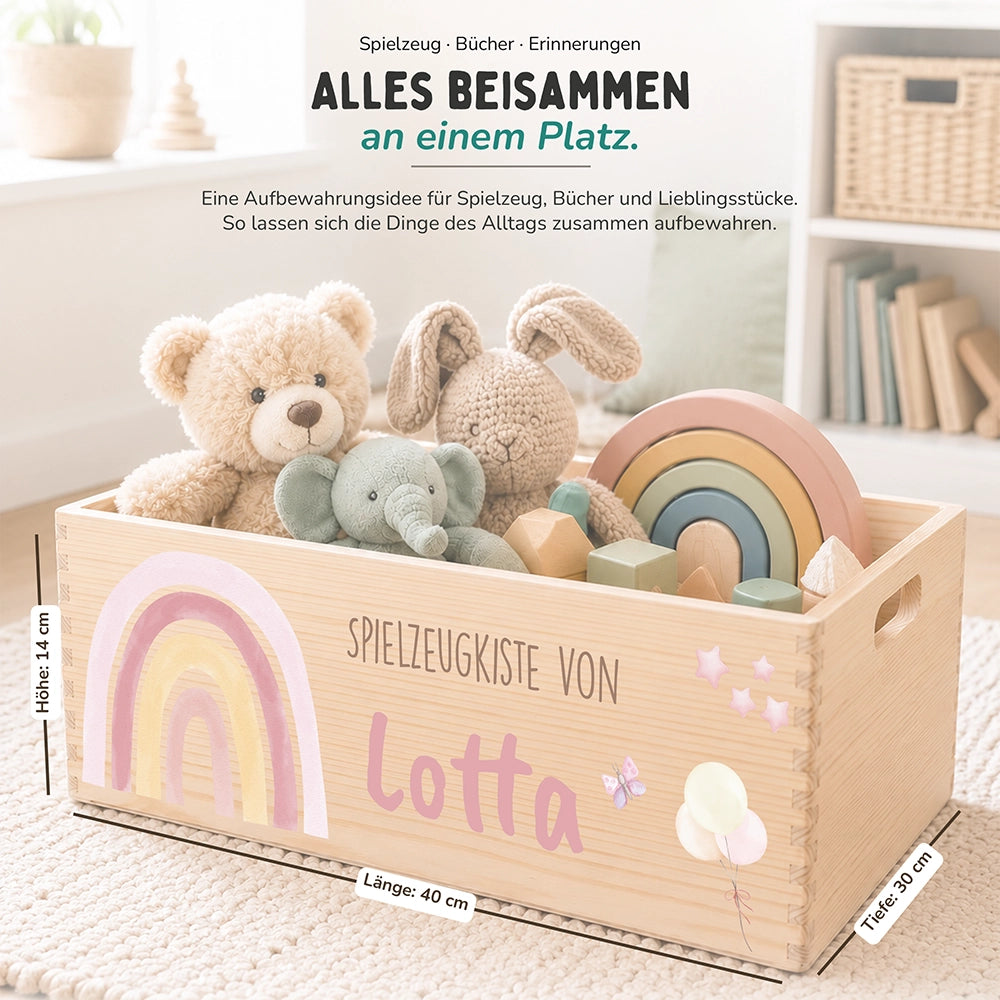Spielzeugkiste personalisiert mit Namen - Regenbogen