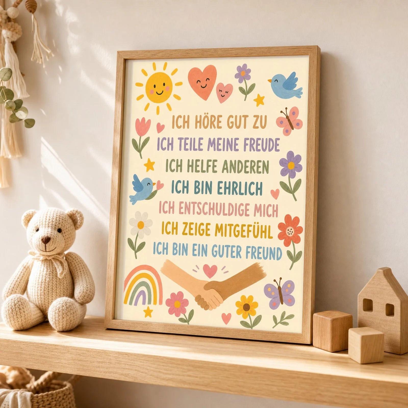 Affirmationsposter Kinderzimmer Blumenwiese Ich höre zu, als Deko mit Holzrahmen